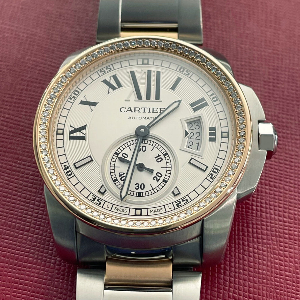 CARTIER CALIBRE 42mm ROSE GOLD STAINLESS DIAMOND BEZEL SILVER DIAL ref: W7100036