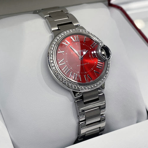 CARTIER BALLON BLEU 33mm RED DIAL DIAMOND BEZEL STAINLESS STEEL ref: WSBB0052