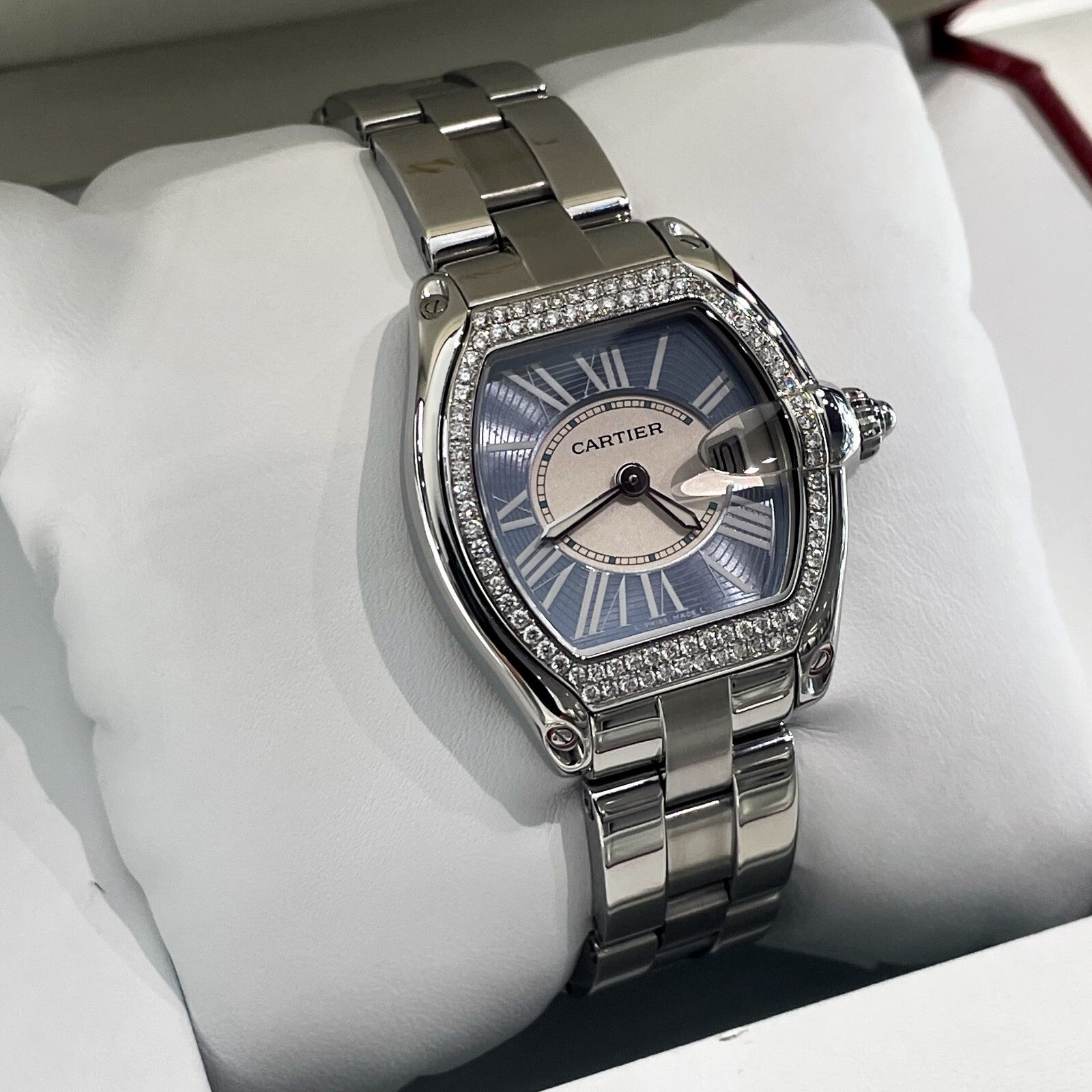 CARTIER ROADSTER LADIES BLUE ROMAN DIAMOND BEZEL STAINLESS ref: W62053V3
