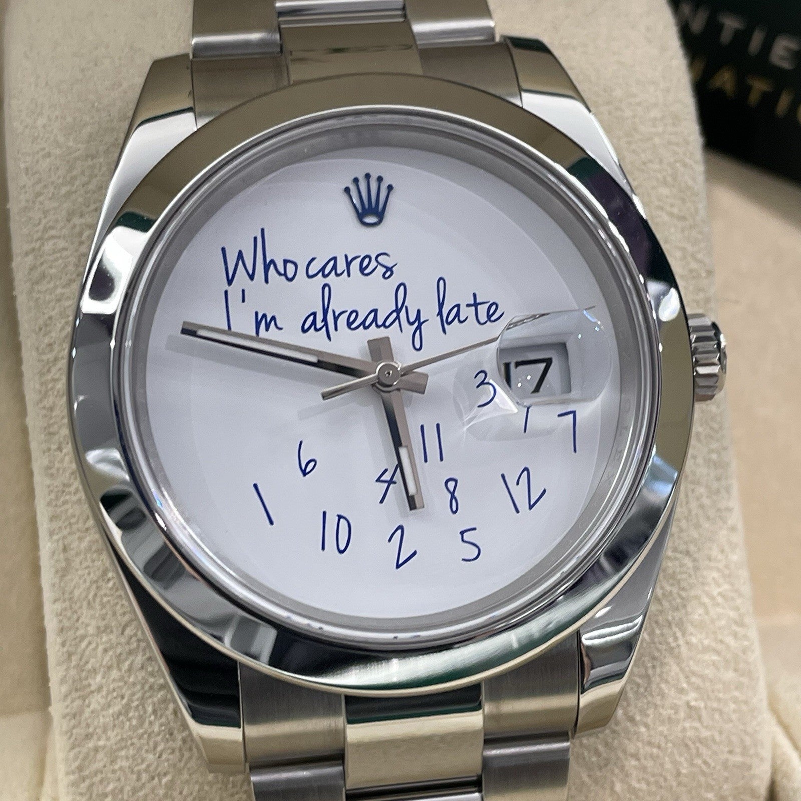 ROLEX DATEJUST 41mm STAINLESS SMOOTH BEZEL WHO CARES IM ALREADY LATE ref: 126300