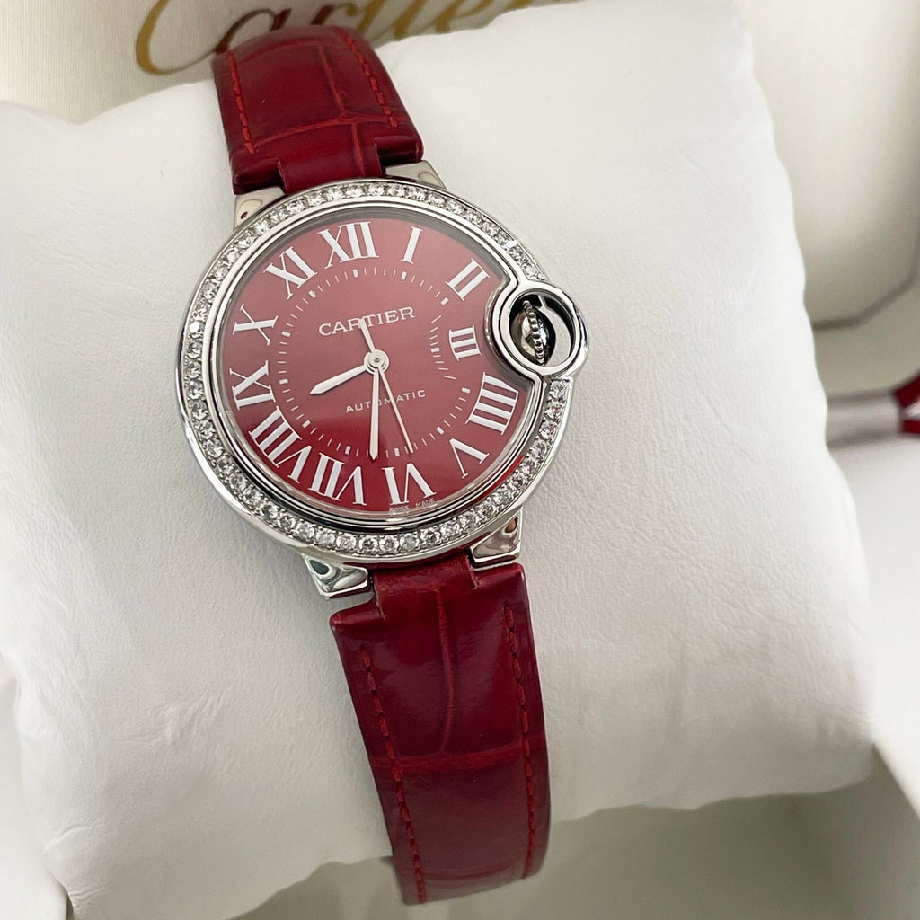CARTIER BALLON BLEU 33mm RED DIAL DIAMOND BEZEL RED ALLIGATOR ref: WSBB0022