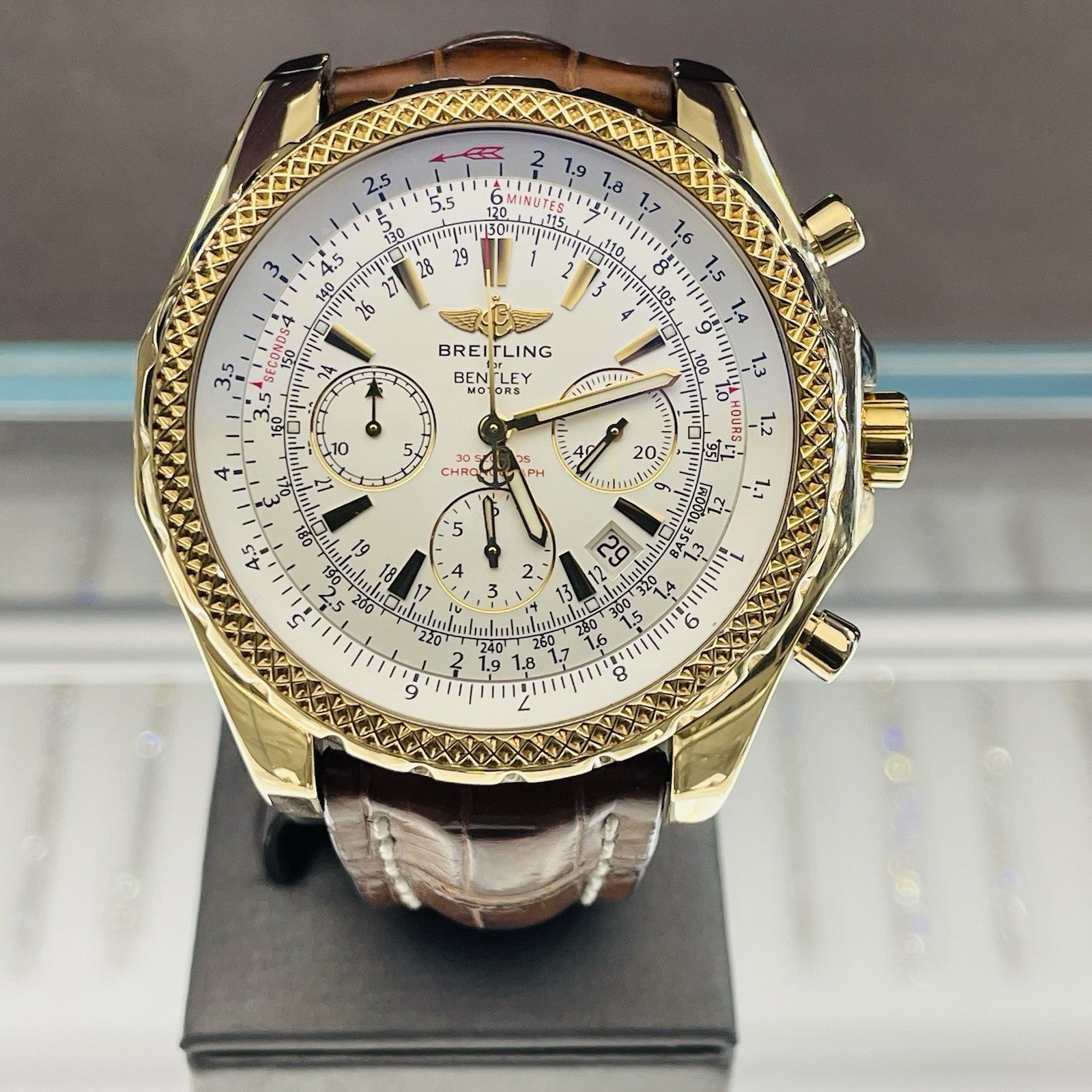 BREITLING BENTLEY MOTORS 48mm YELLOW GOLD SILVER DIAL BROWN STRAP ref: K25362