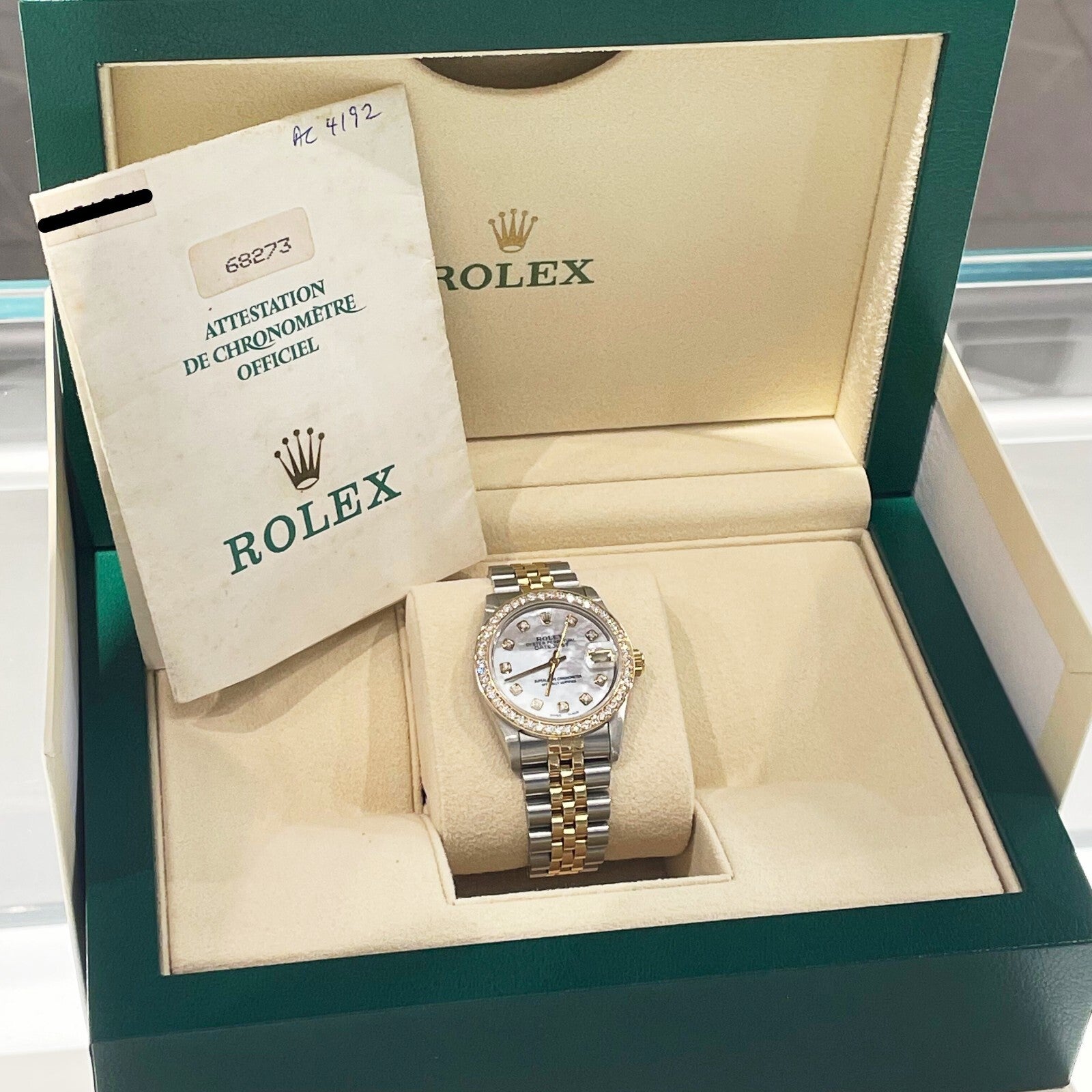 ROLEX DATEJUST 31mm MOTHER OF PEARL 2-TONE JUBILEE DIAMOND BEZEL ref: 68273