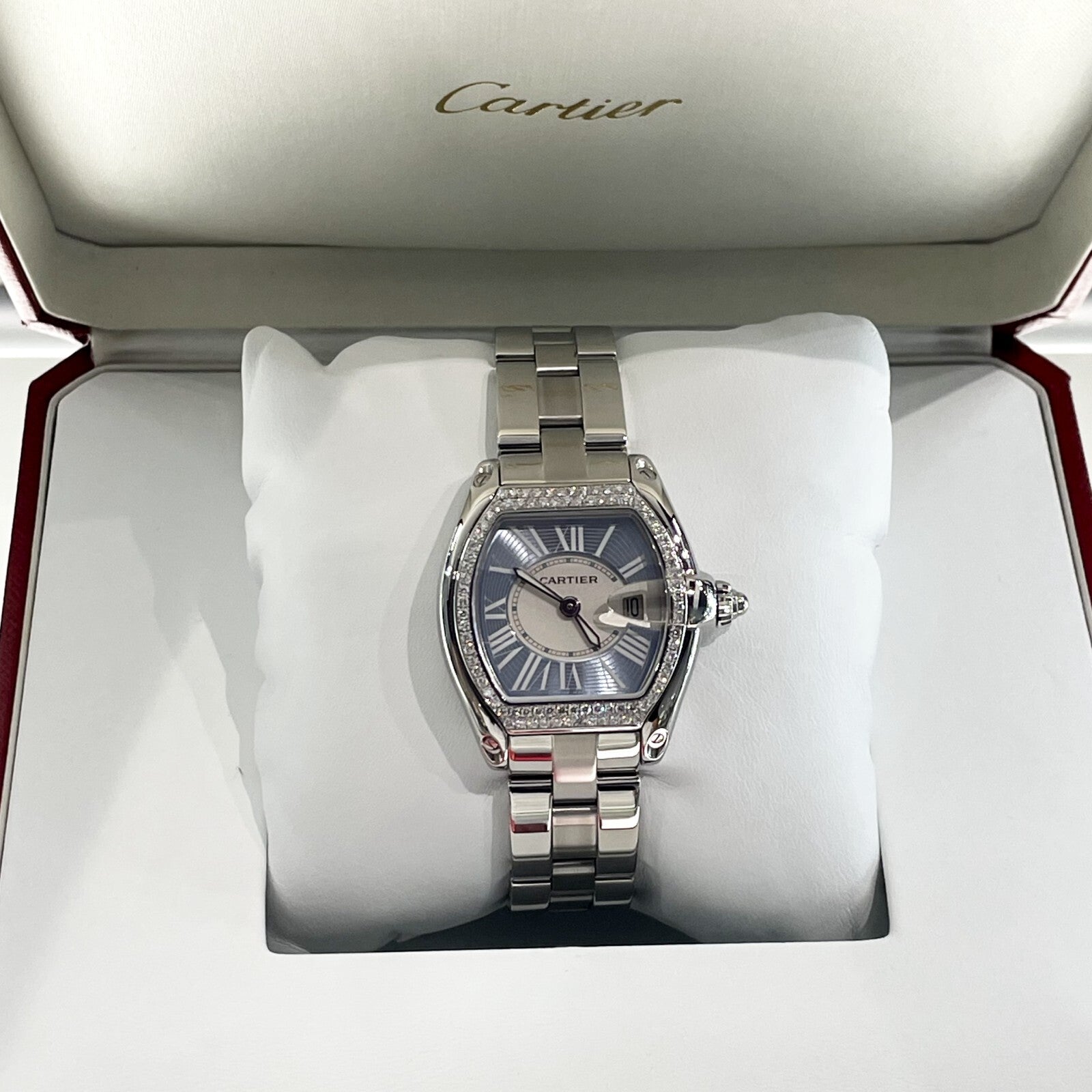 CARTIER ROADSTER LADIES BLUE ROMAN DIAMOND BEZEL STAINLESS ref: W62053V3