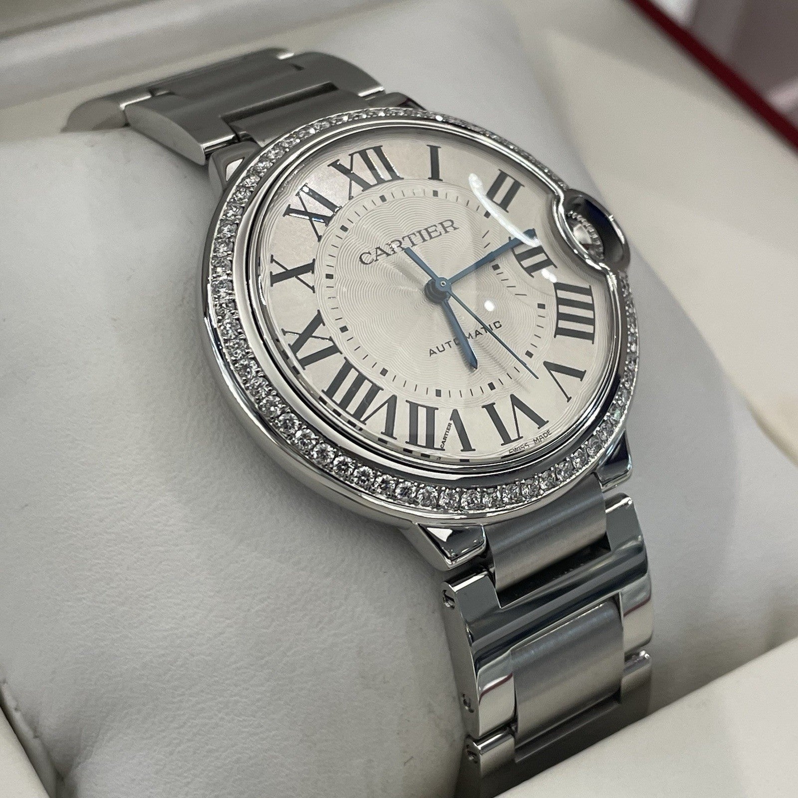 CARTIER BALLON BLEU 36mm SILVER DIAL DIAMOND BEZEL STAINLESS STEEL ref: W6920046