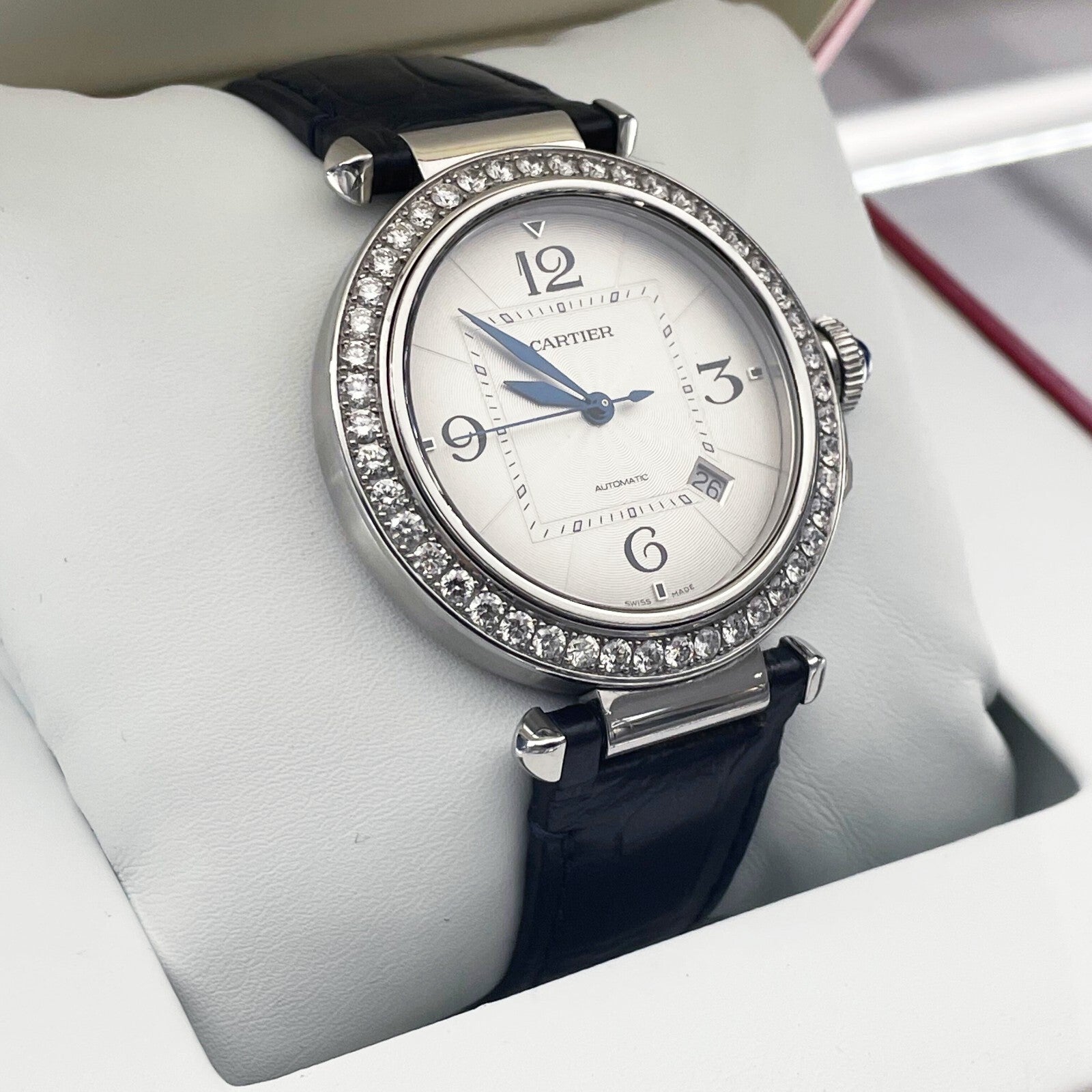 CARTIER PASHA 41mm DIAMOND BEZEL BLUE ALLIGATOR SILVER DIAL STEEL ref: WSPA0010