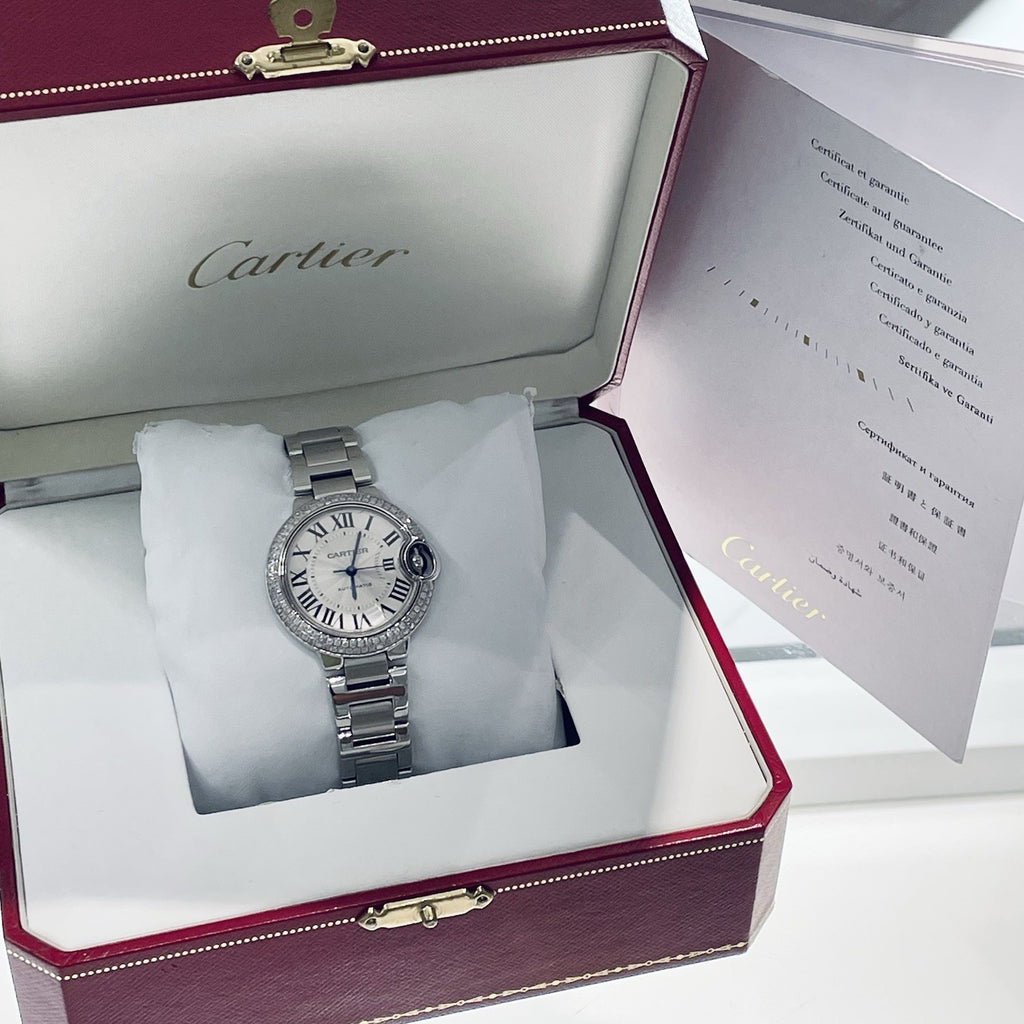 CARTIER BALLON BLEU 33mm SILVER DIAL DOUBLE ROW DIAMOND BEZEL ref: W6920071