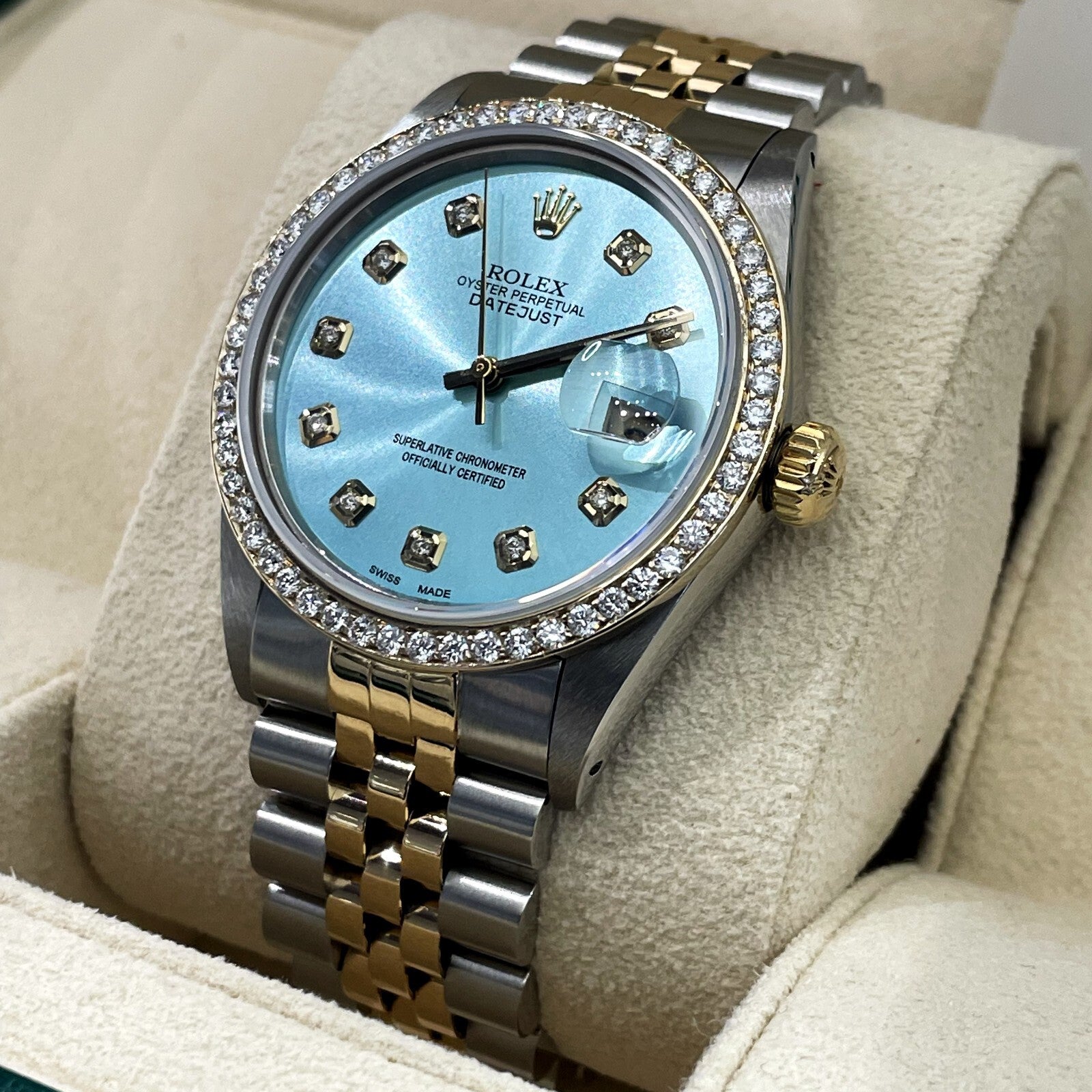 ROLEX DATEJUST 36 LIGHT BLUE DIAMOND DIAL 2TONE JUBILEE DIAMOND BEZEL ref: 16013