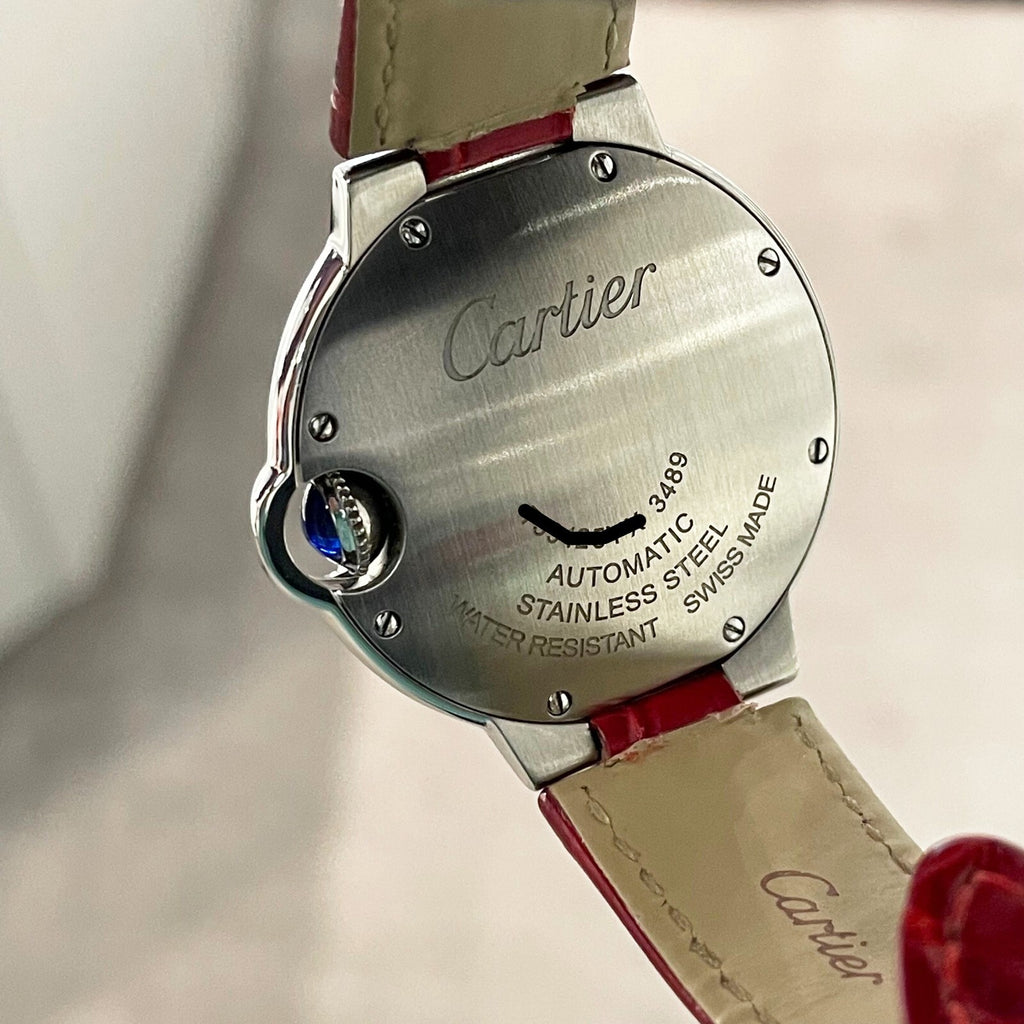 CARTIER BALLON BLEU 33mm RED DIAL DIAMOND BEZEL RED ALLIGATOR ref: WSBB0022