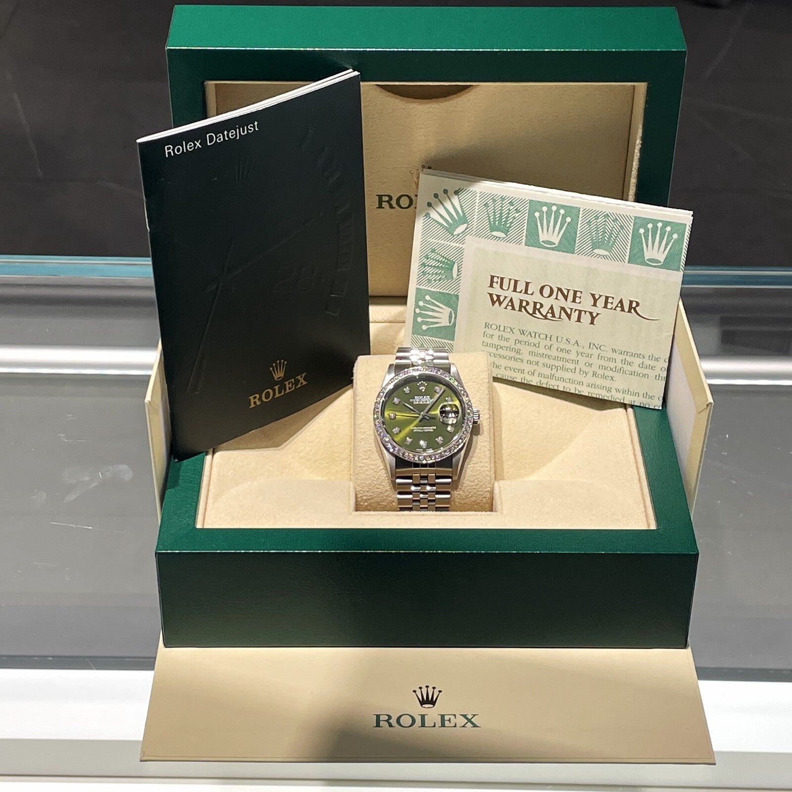 ROLEX DATEJUST 36mm OLIVE GREEN STAINLESS STEEL JUBILEE DIAMOND BEZEL ref: 16234