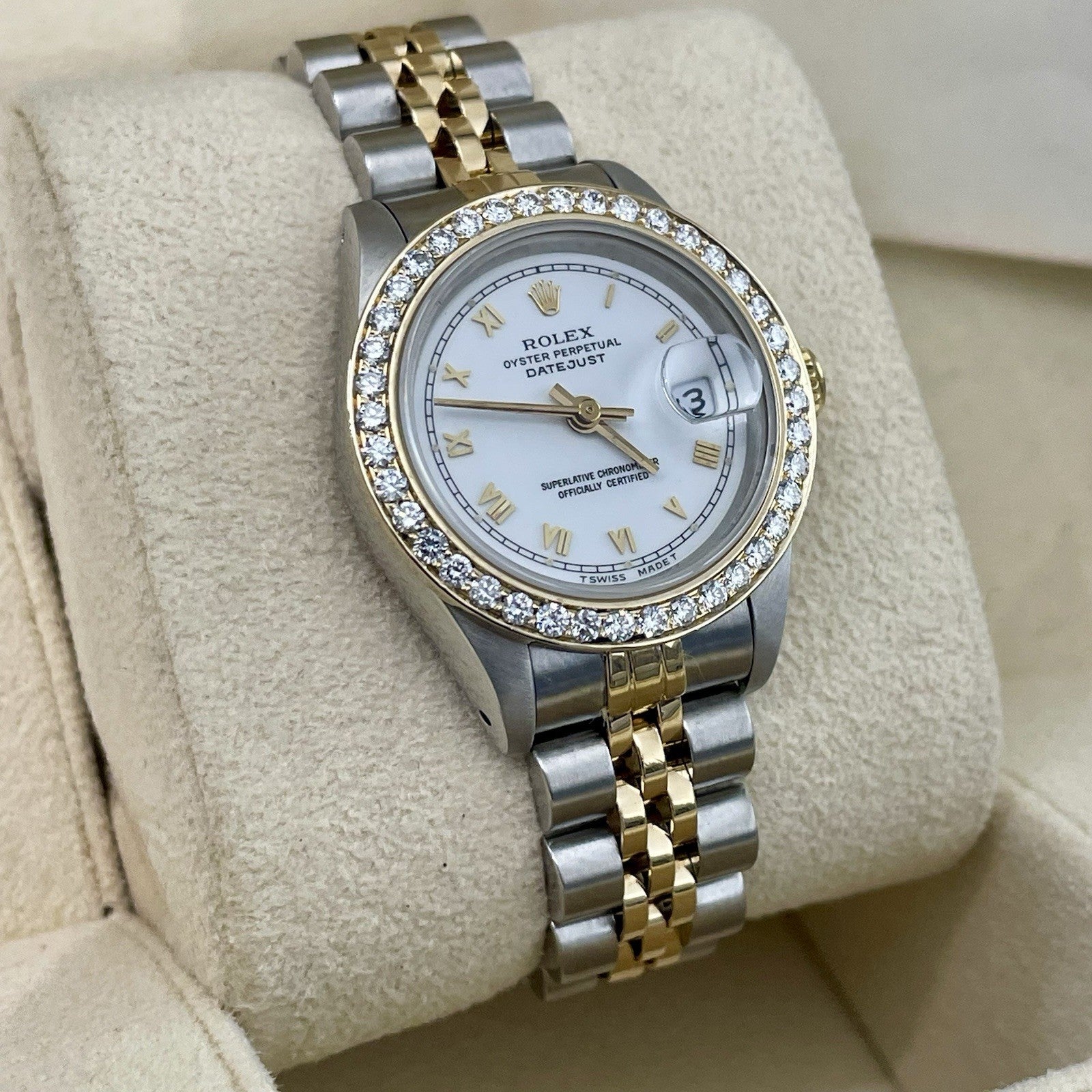 ROLEX LADY-DATEJUST 26mm WHITE ROMAN DIAL DIAMOND BEZEL JUBILEE ref: 69173