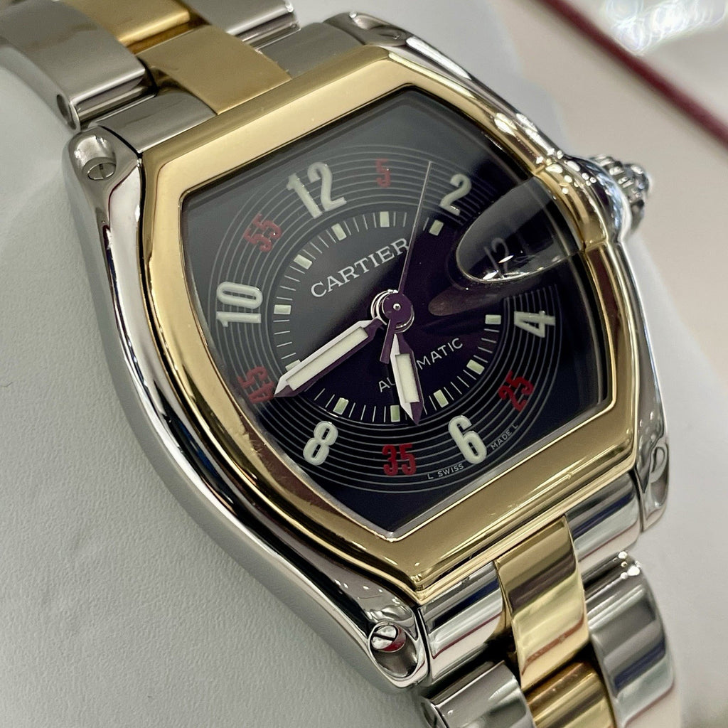 CARTIER ROADSTER LARGE BLACK ROULETTE DIAL YELLOW GOLD STAINLESS ref: W62031Y4