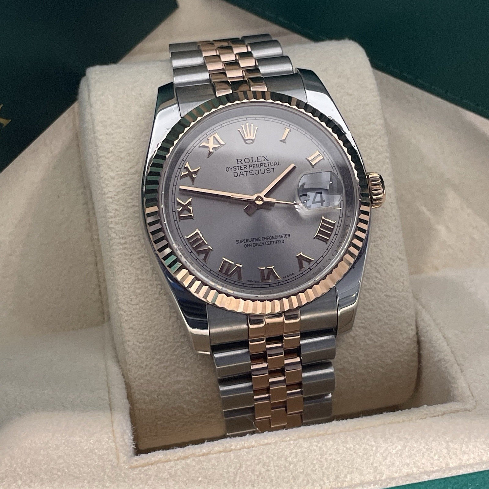 ROLEX DATEJUST 36mm GREY ROMAN ROSE GOLD STAINLESS JUBILEE FLUTED ref: 116231