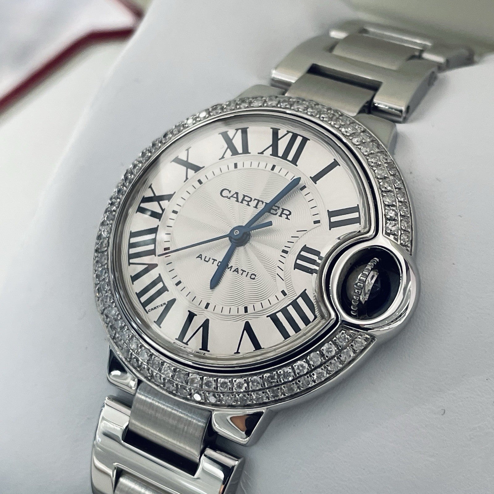 CARTIER BALLON BLEU 33mm SILVER DIAL DOUBLE ROW DIAMOND BEZEL ref: W6920071