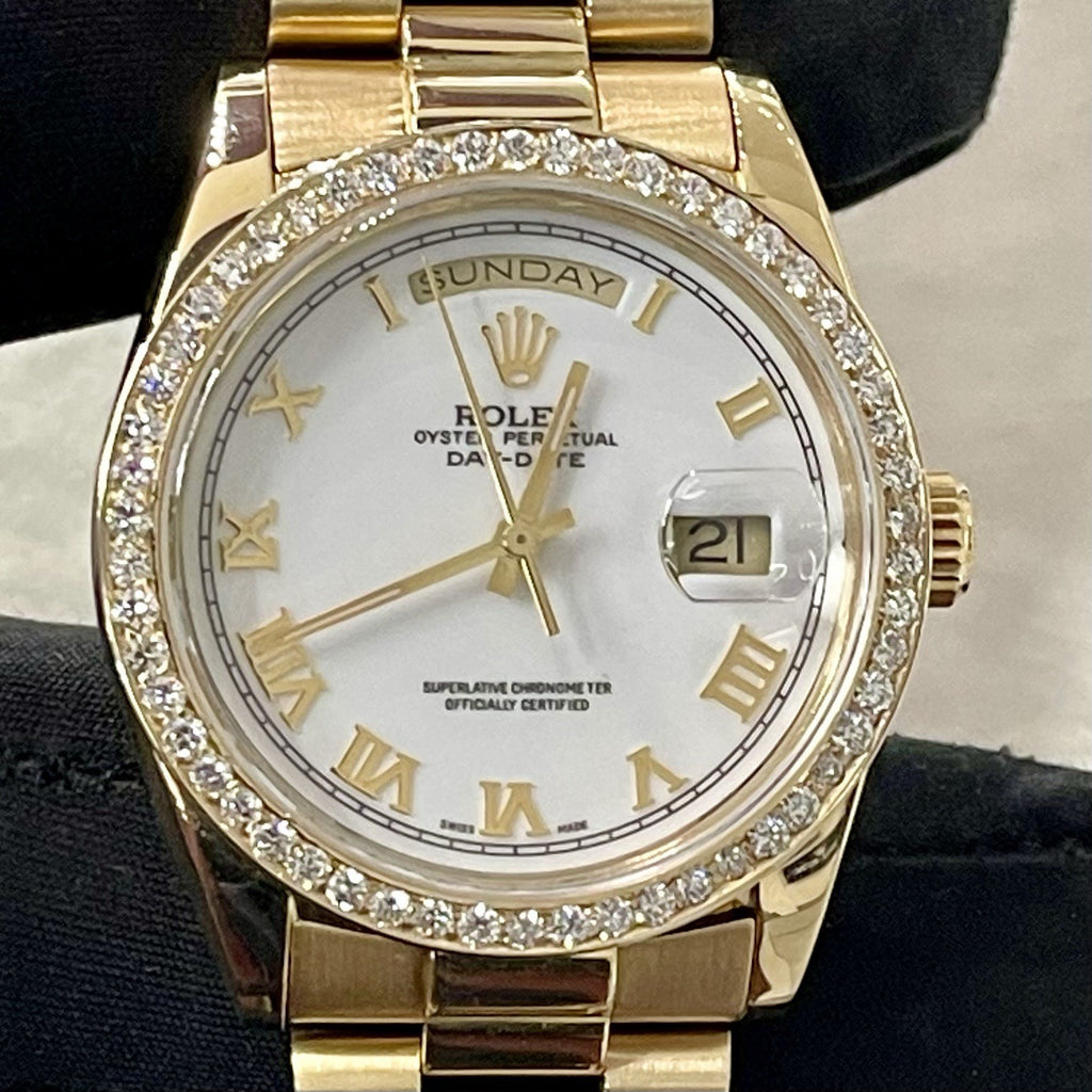 ROLEX DAY-DATE 36 WHITE ROMAN DIAL YELLOW GOLD PRESIDENTIAL DIA BEZEL ref: 18238