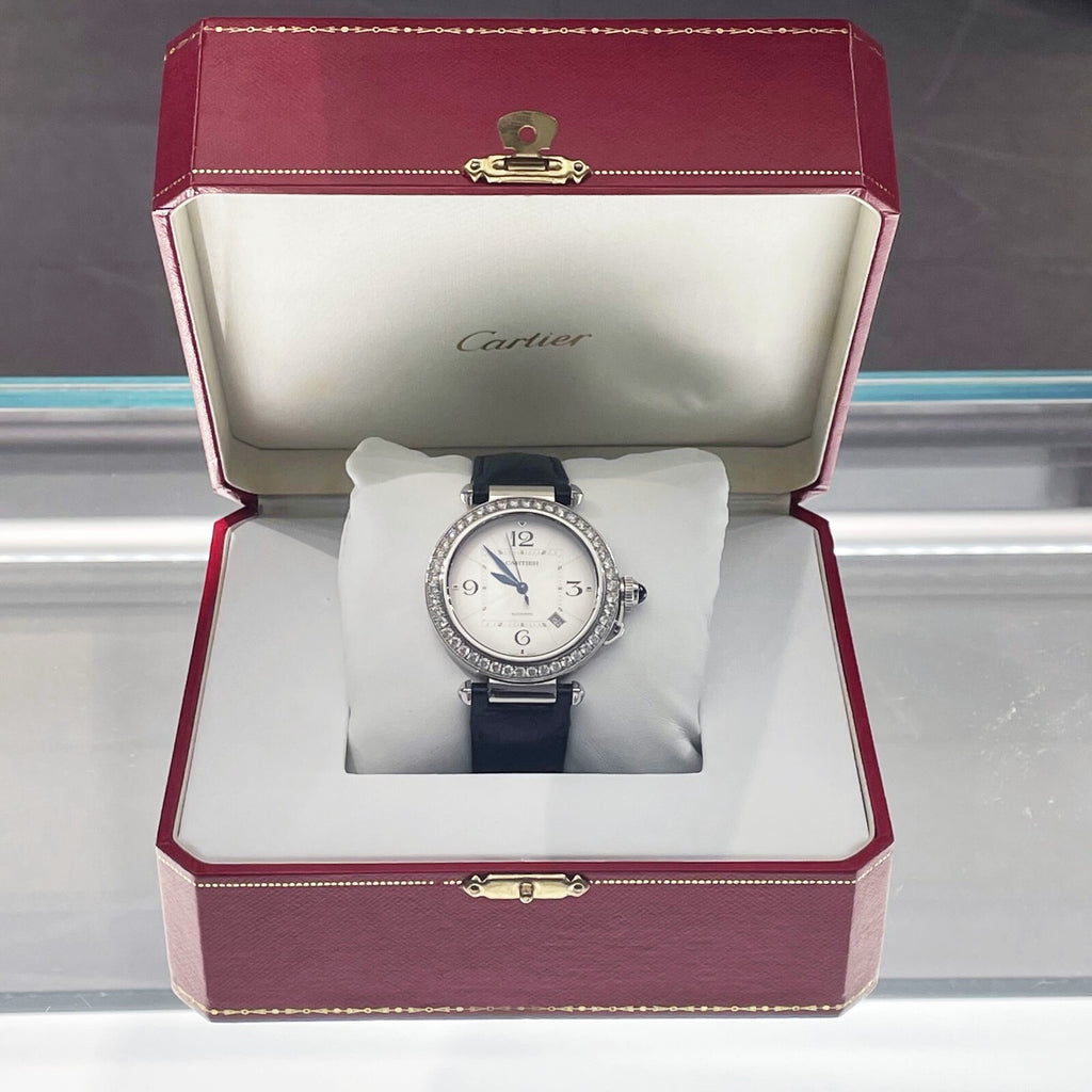 CARTIER PASHA 41mm DIAMOND BEZEL BLUE ALLIGATOR SILVER DIAL STEEL ref: WSPA0010