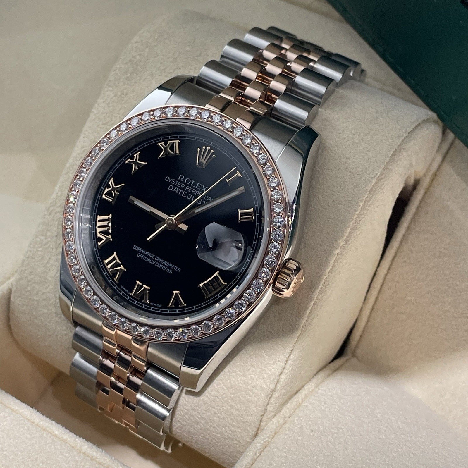 ROLEX DATEJUST 36mm BLACK ROMAN ROSE GOLD STEEL DIAMOND BEZEL ref: 116231