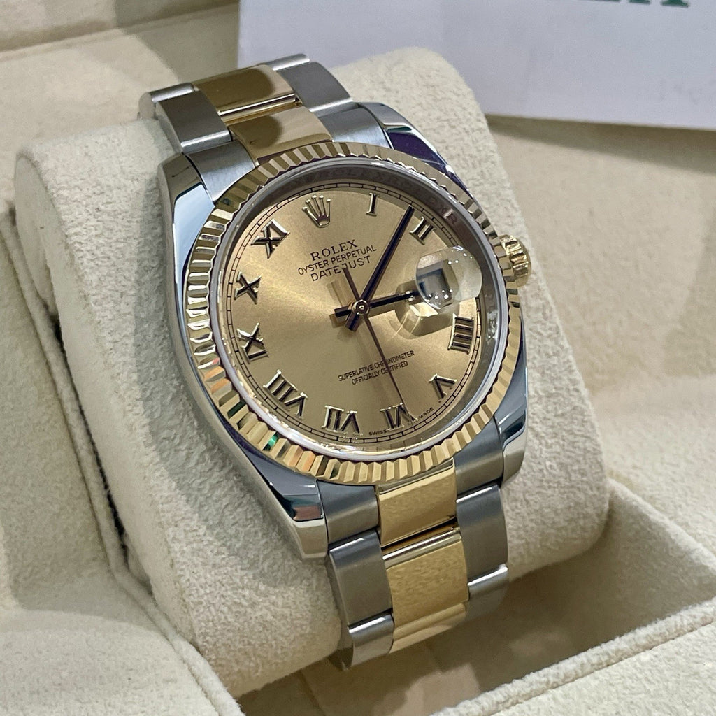 ROLEX DATEJUST 36 CHAMPAGNE ROMAN YELLOW GOLD OYSTERSTEEL FLUTED ref: 116233