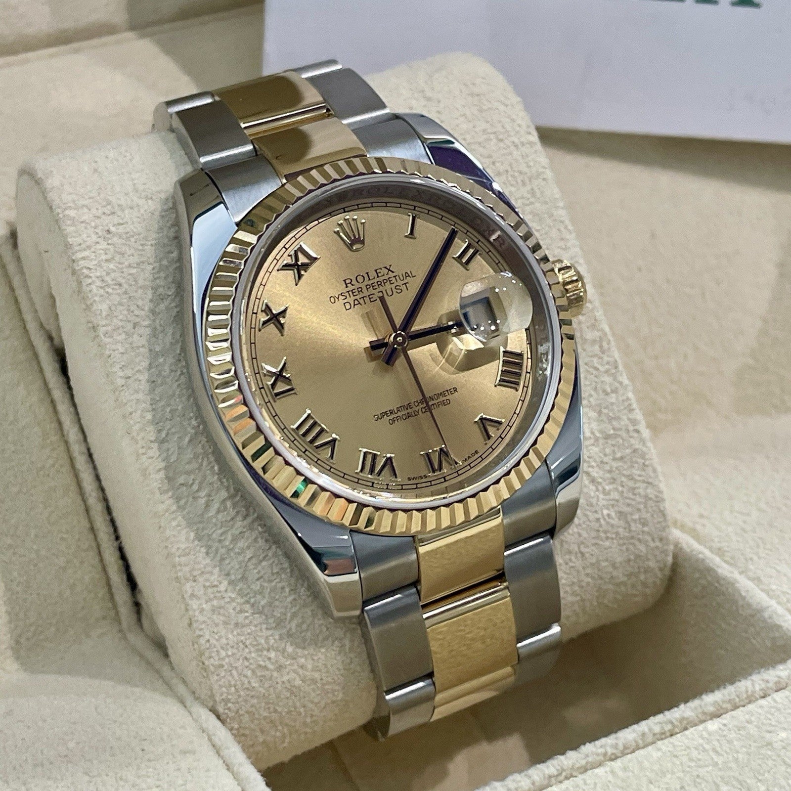 ROLEX DATEJUST 36 CHAMPAGNE ROMAN YELLOW GOLD OYSTERSTEEL FLUTED ref: 116233