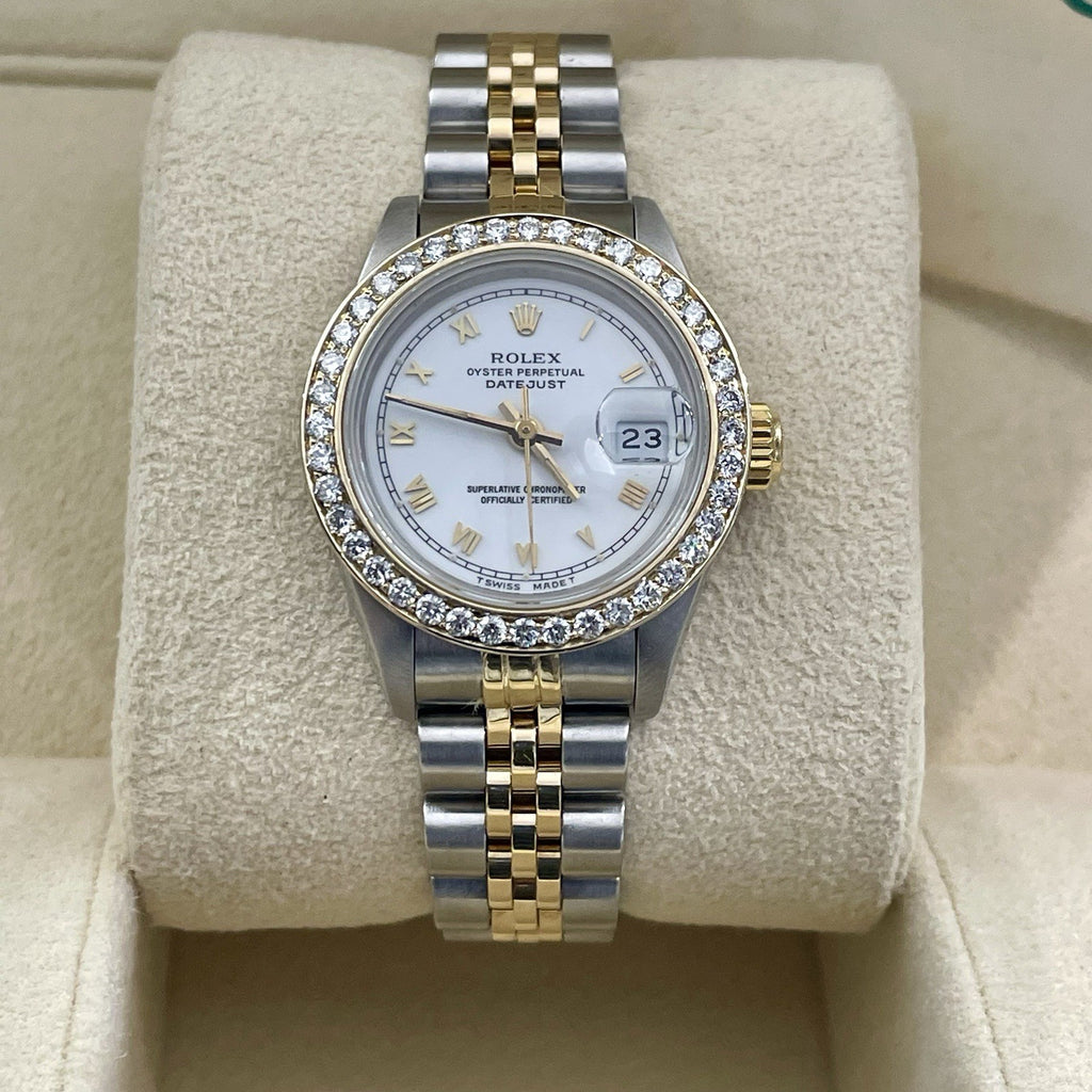 ROLEX LADY-DATEJUST 26mm WHITE ROMAN DIAL DIAMOND BEZEL JUBILEE ref: 69173
