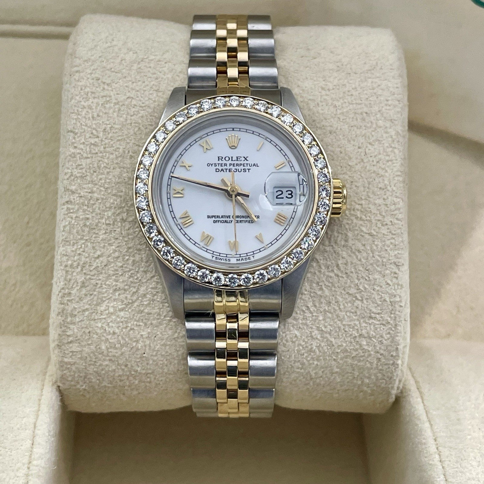 ROLEX LADY-DATEJUST 26mm WHITE ROMAN DIAL DIAMOND BEZEL JUBILEE ref: 69173