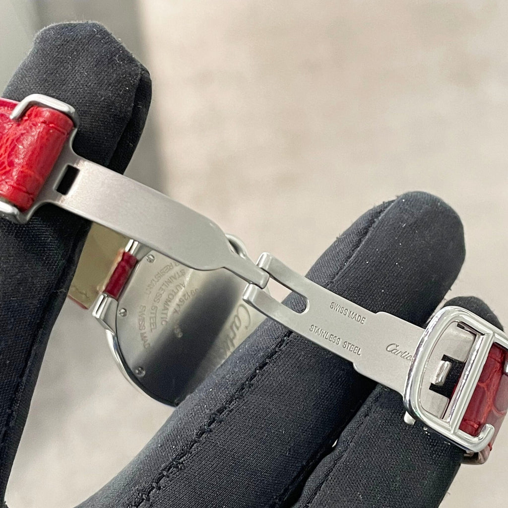 CARTIER BALLON BLEU 33mm RED DIAL DIAMOND BEZEL RED ALLIGATOR ref: WSBB0022