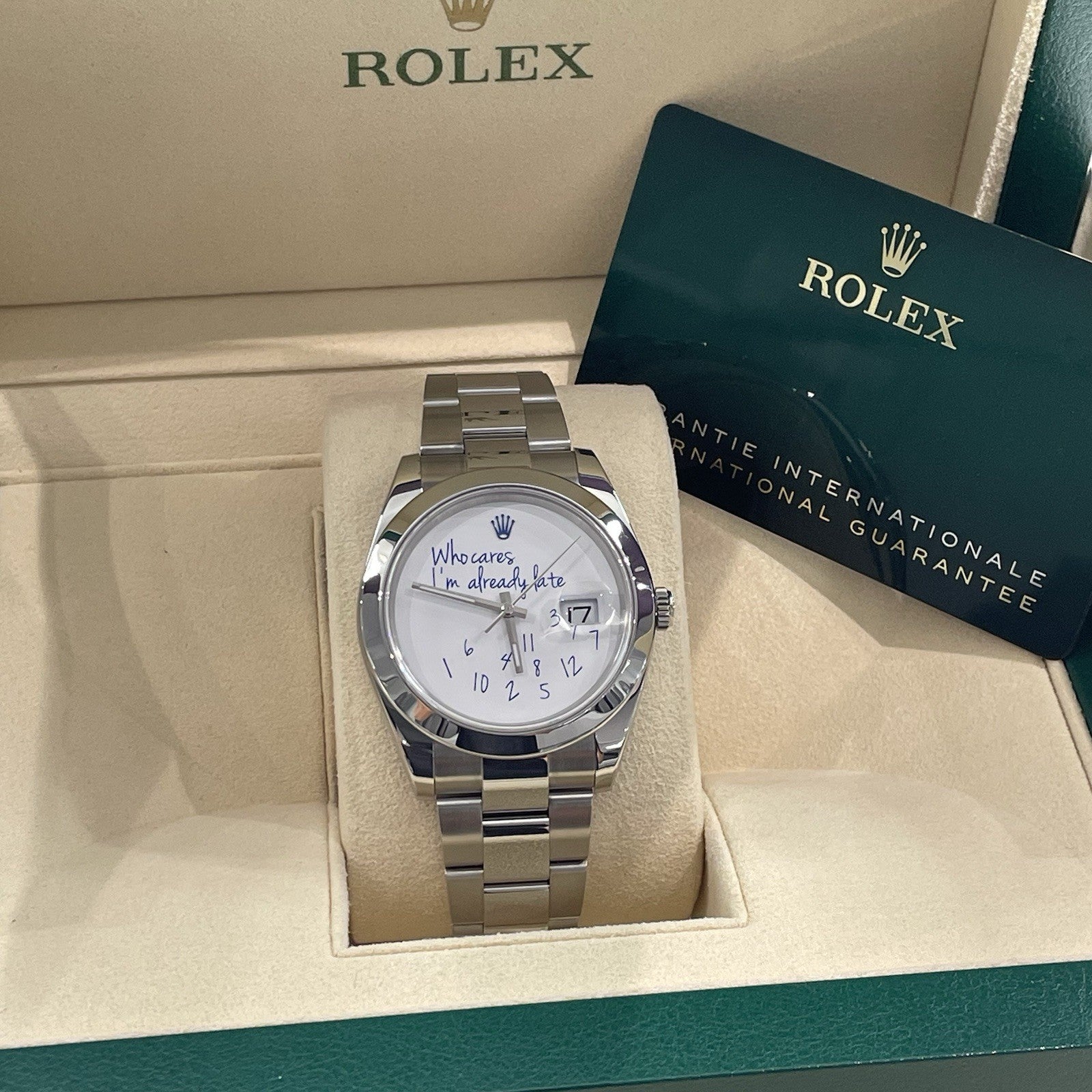ROLEX DATEJUST 41mm STAINLESS SMOOTH BEZEL WHO CARES IM ALREADY LATE ref: 126300