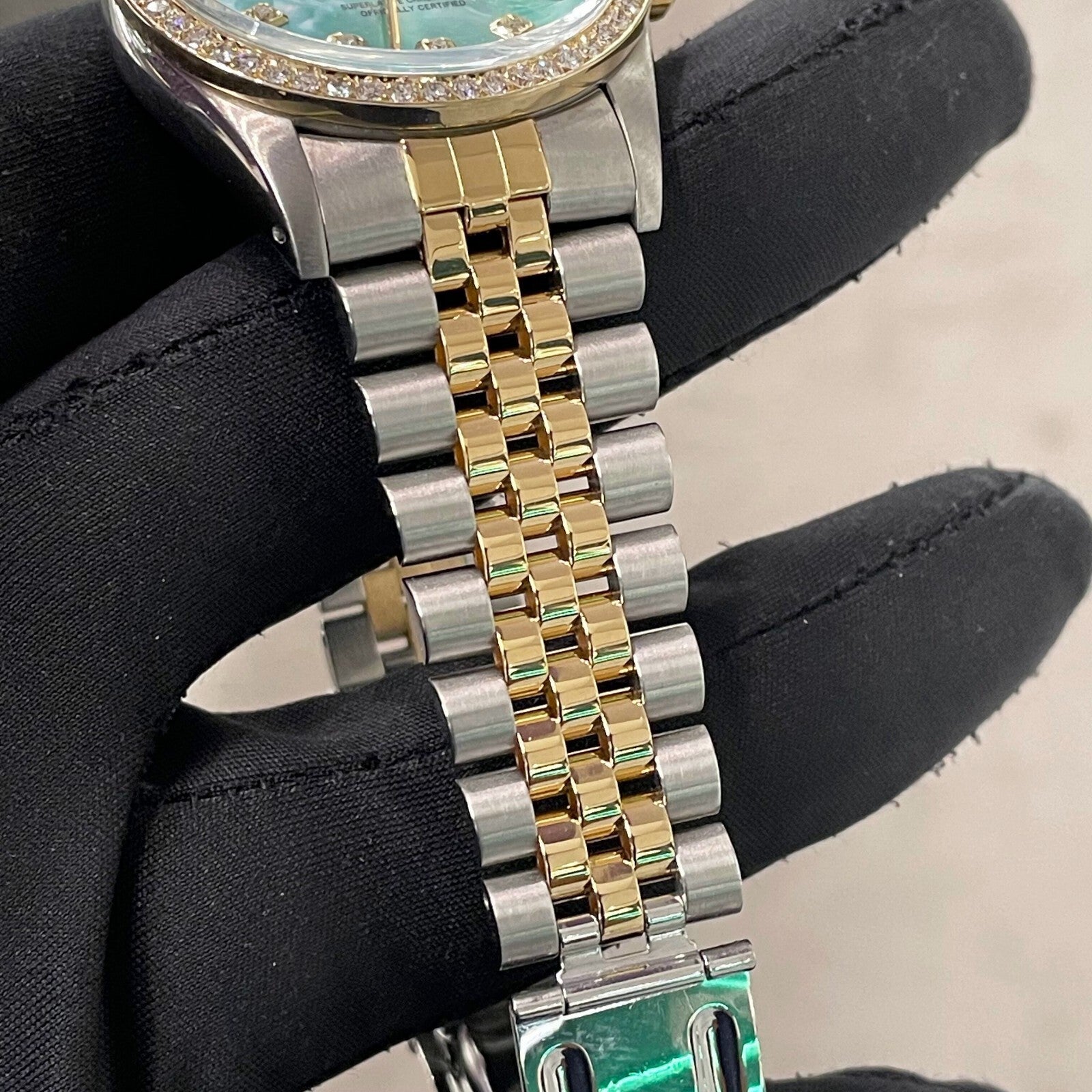 ROLEX DATEJUST 36mm TURQUOISE MOTHER OF PEARL JUBILEE DIAMOND BEZEL ref: 16013