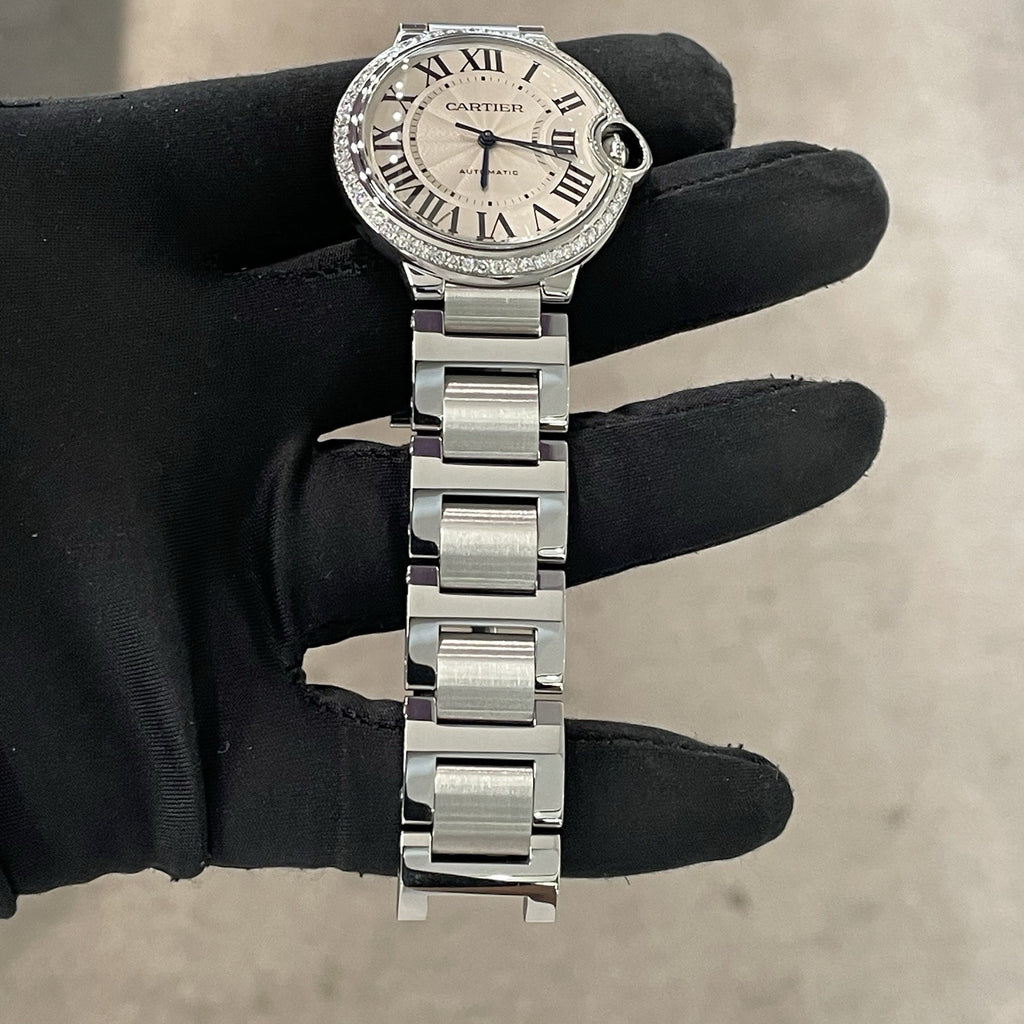 CARTIER BALLON BLEU 36mm SILVER DIAL DIAMOND BEZEL STAINLESS STEEL ref: W6920046