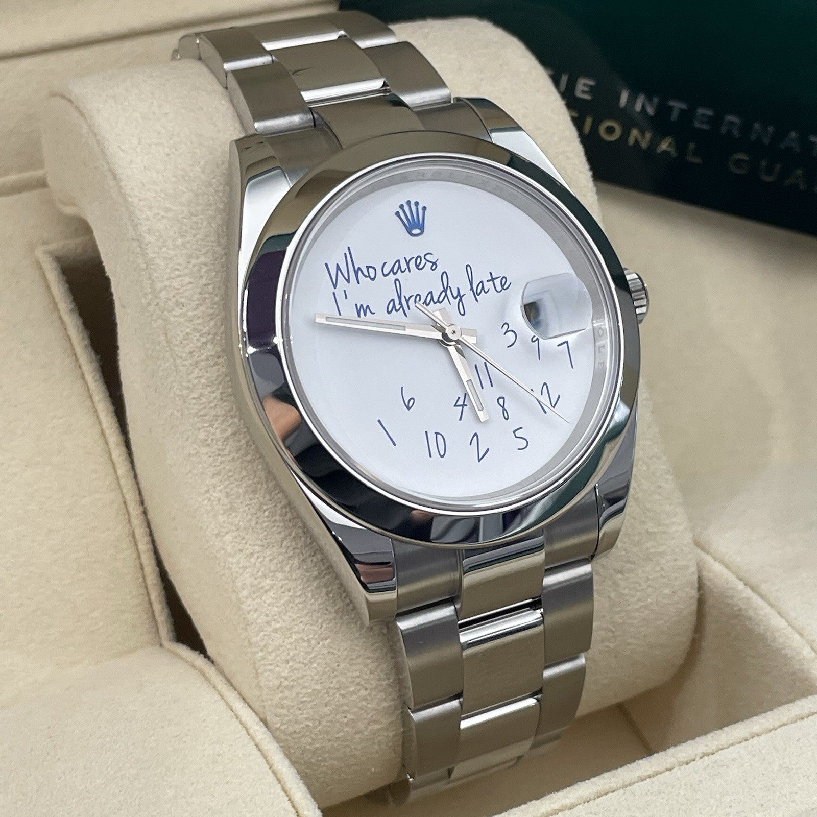 ROLEX DATEJUST 41mm STAINLESS SMOOTH BEZEL WHO CARES IM ALREADY LATE ref: 126300