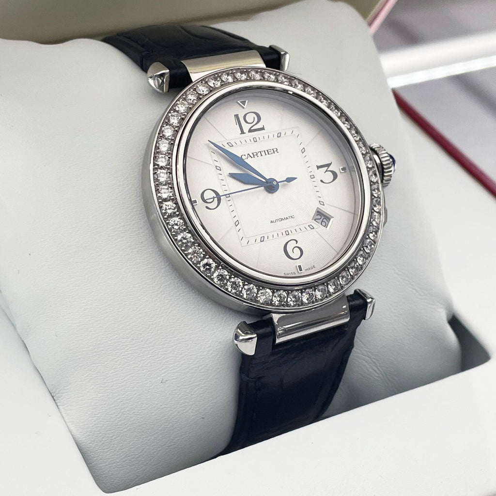 CARTIER PASHA 41mm DIAMOND BEZEL BLUE ALLIGATOR SILVER DIAL STEEL ref: WSPA0010