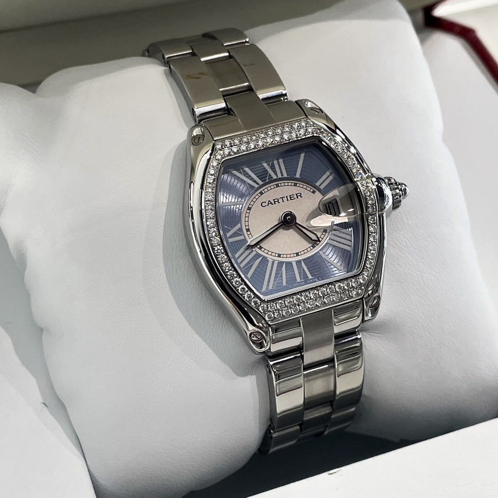 CARTIER ROADSTER LADIES BLUE ROMAN DIAMOND BEZEL STAINLESS ref: W62053V3