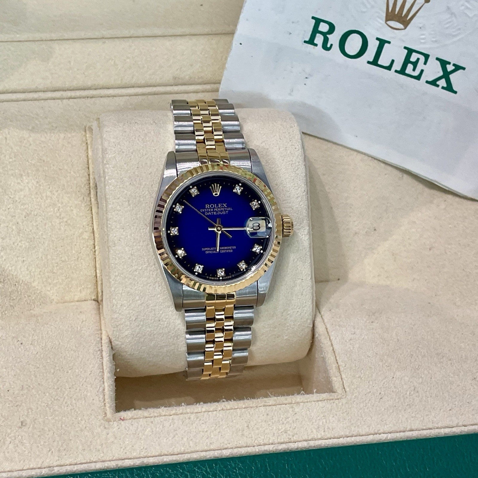 ROLEX DATEJUST 31mm FACTORY BLUE VIGNETTE DIAMOND DIAL JUBILEE FLUTED ref: 68273