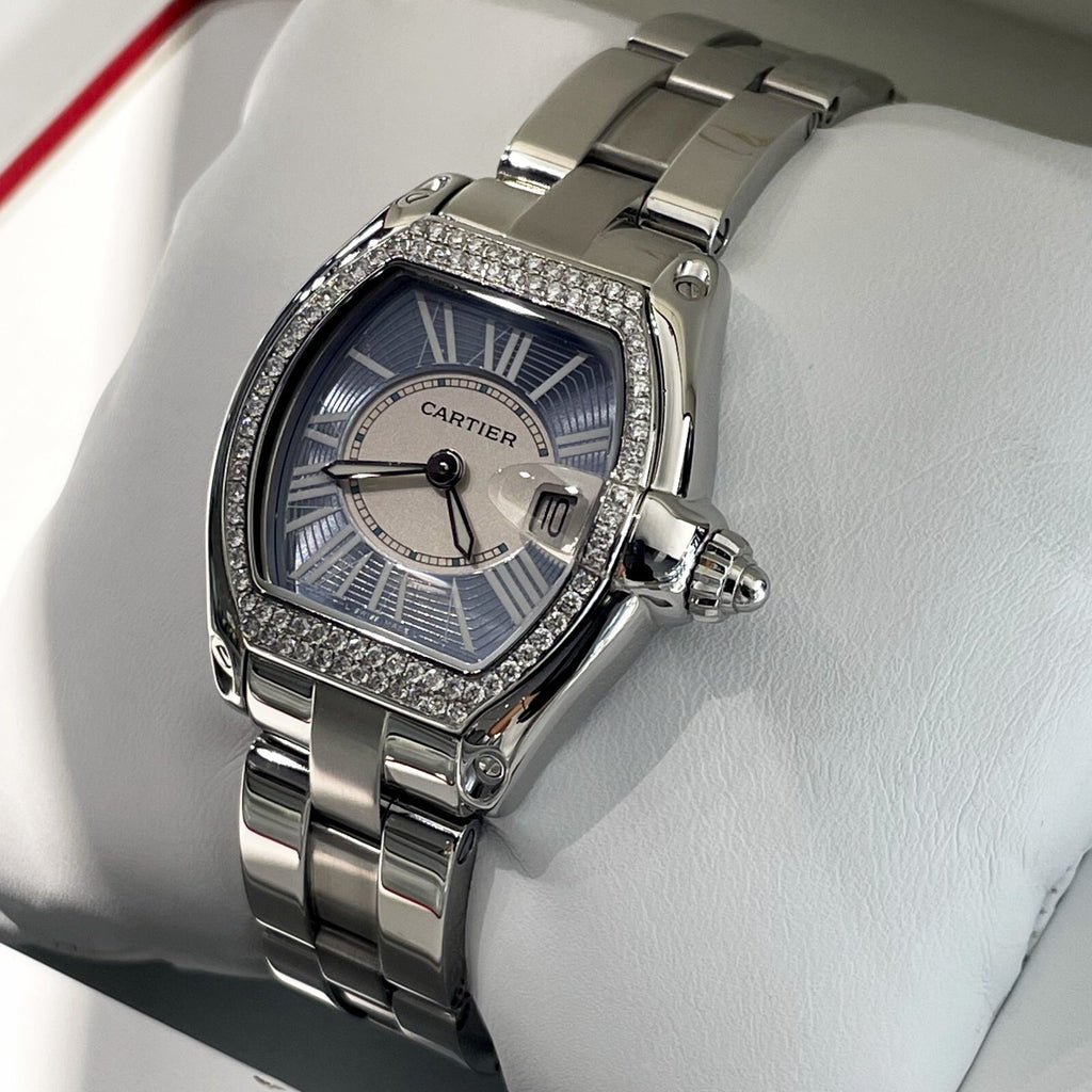 CARTIER ROADSTER LADIES BLUE ROMAN DIAMOND BEZEL STAINLESS ref: W62053V3