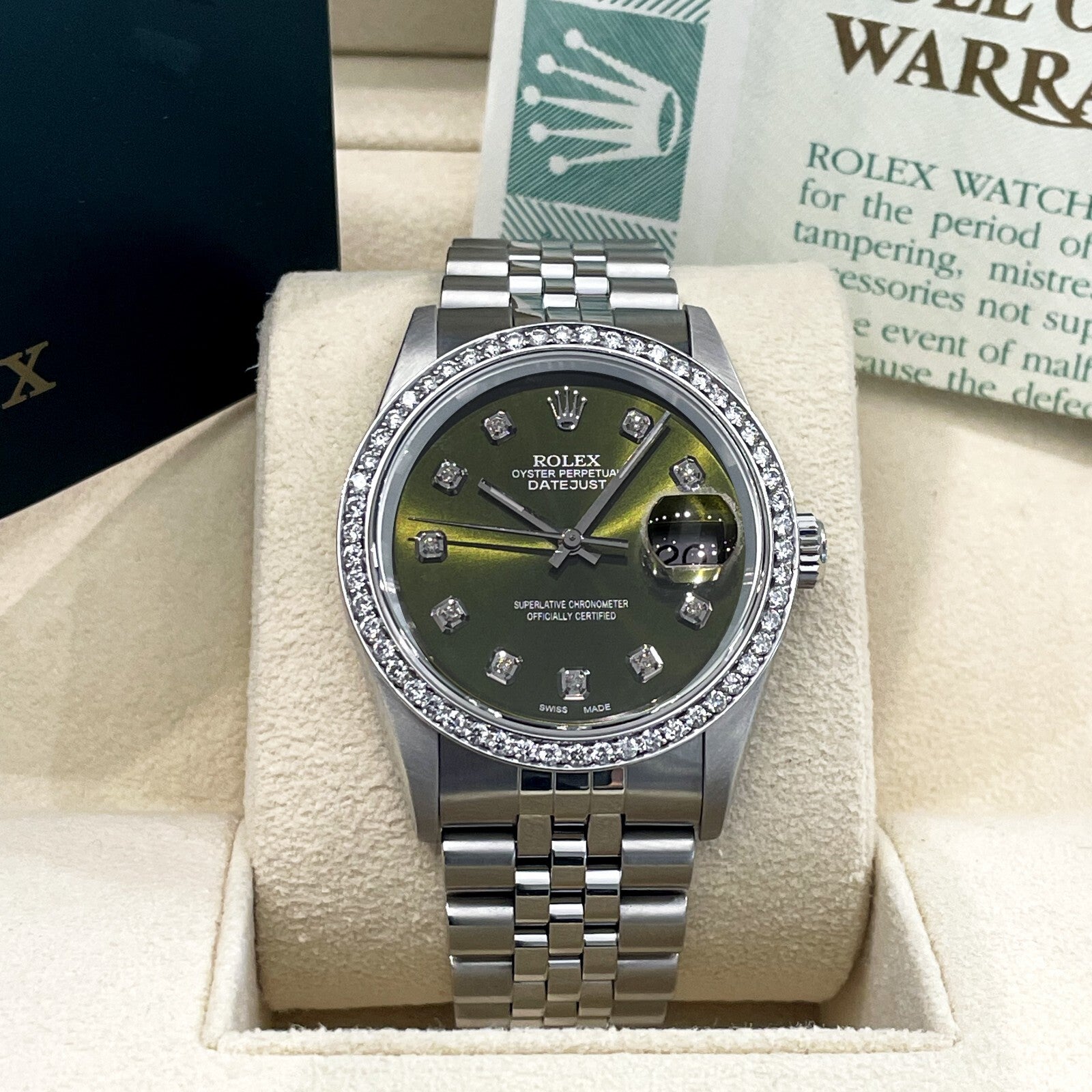 ROLEX DATEJUST 36mm OLIVE GREEN STAINLESS STEEL JUBILEE DIAMOND BEZEL ref: 16234