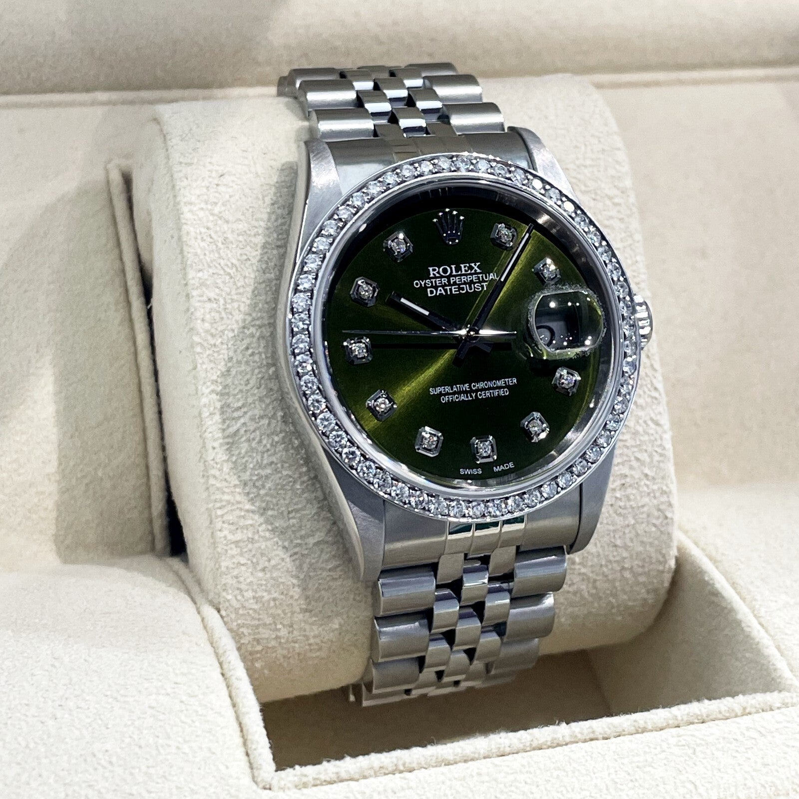 ROLEX DATEJUST 36mm OLIVE GREEN STAINLESS STEEL JUBILEE DIAMOND BEZEL ref: 16234