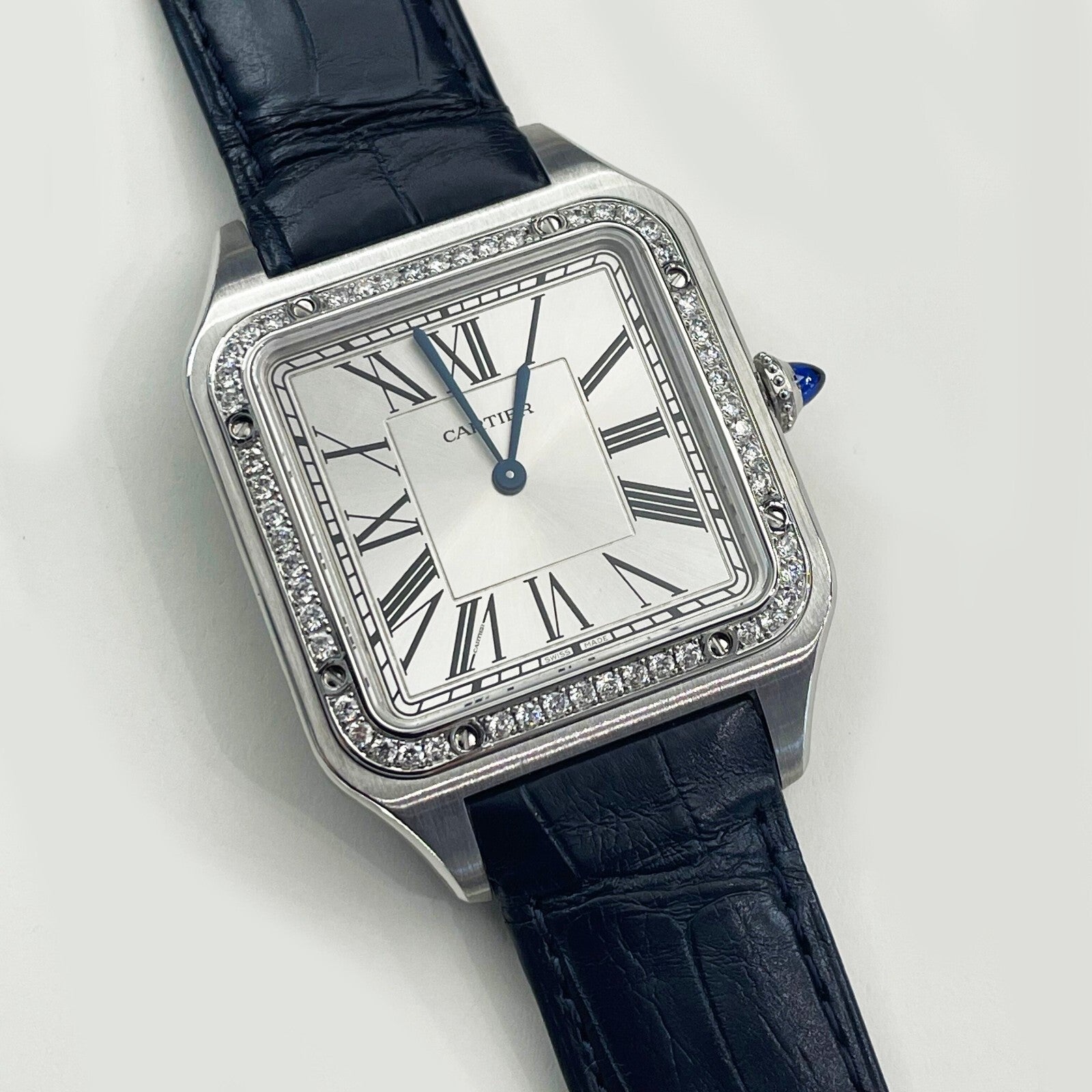 CARTIER SANTOS-DUMONT XL DIAMOND BEZEL NAVY BLUE ALLIGATOR ref: WSSA0032 (4305)