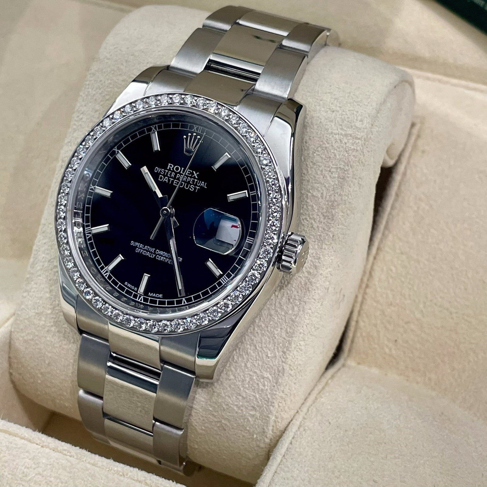 ROLEX DATEJUST 36mm BLACK DIAL OYSTERSTEEL DIAMOND BEZEL ref: 116200