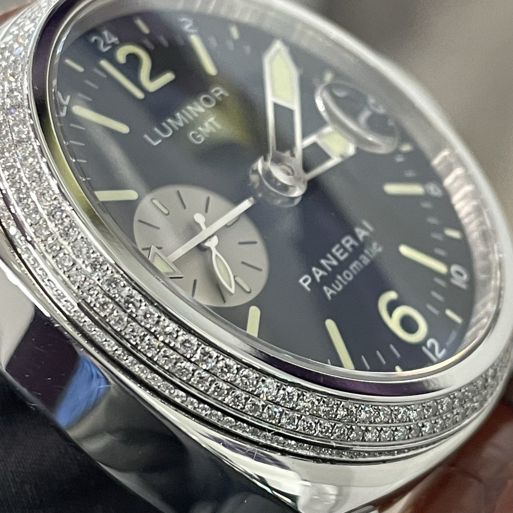 PANERAI LUMINOR GMT 44mm BLACK DIAL BROWN ALLIGATOR DIAMOND BEZEL ref: PAM00088