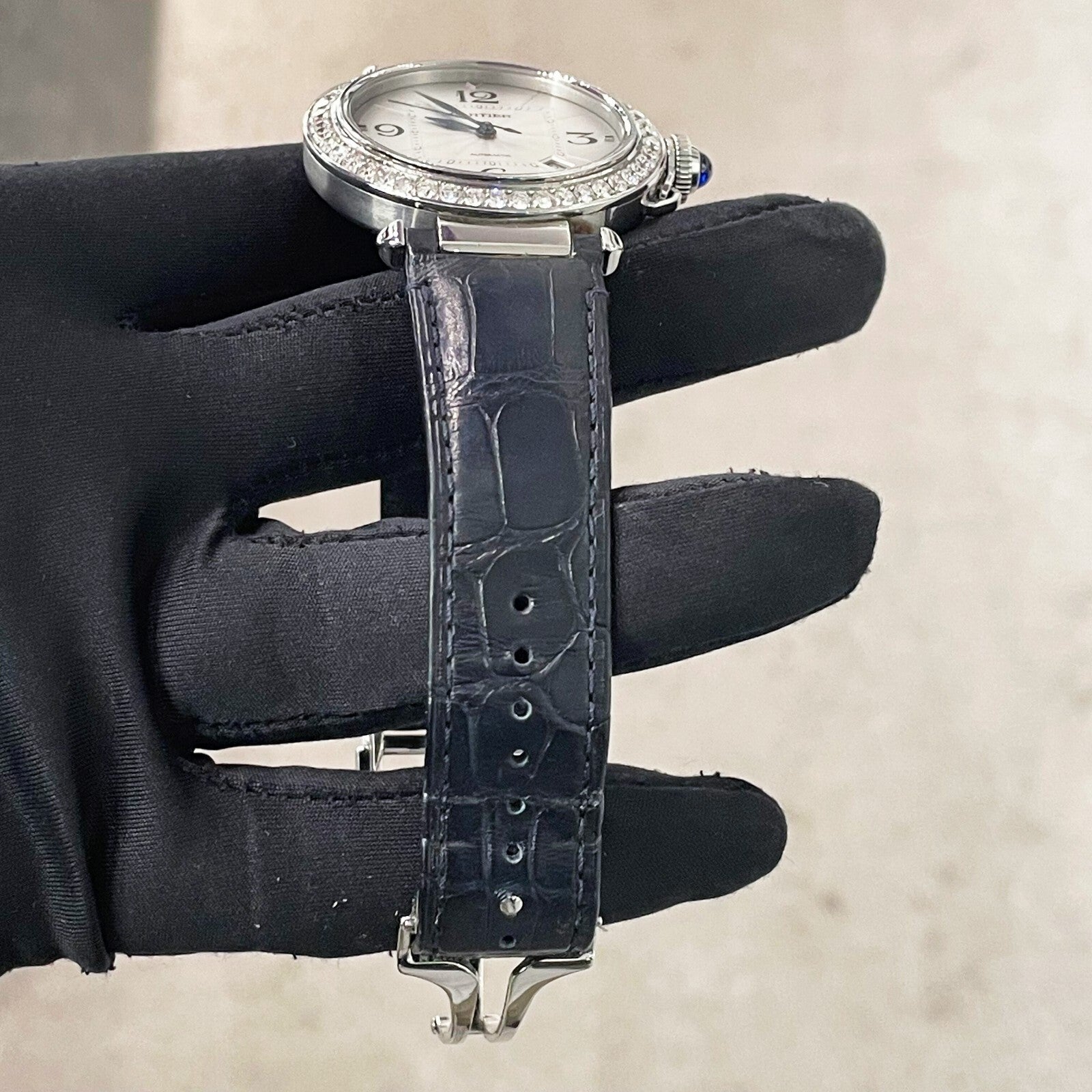 CARTIER PASHA 41mm DIAMOND BEZEL BLUE ALLIGATOR SILVER DIAL STEEL ref: WSPA0010