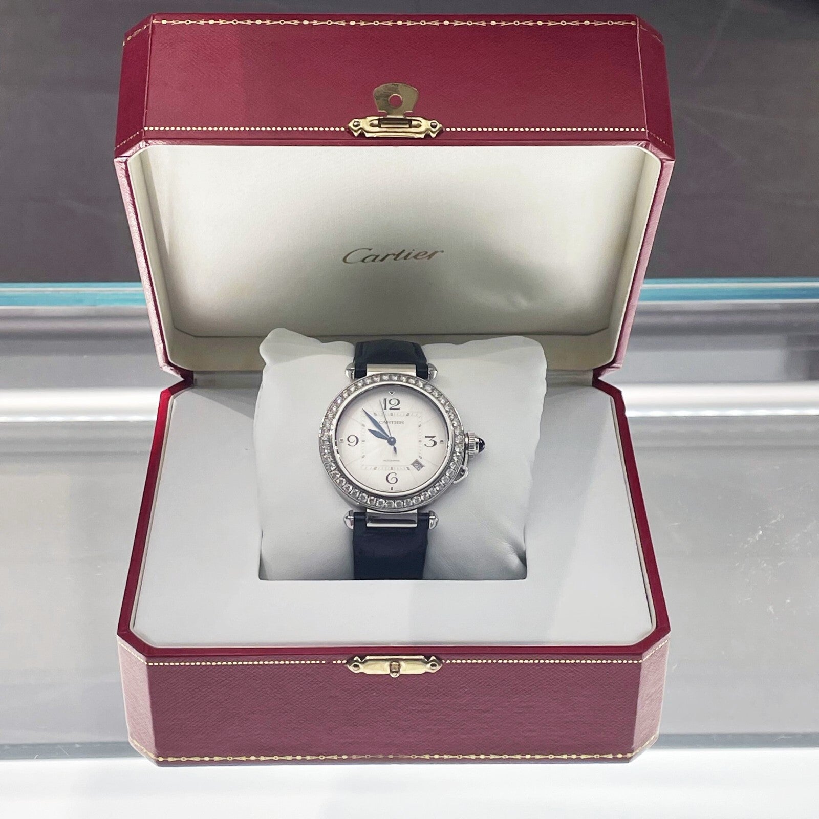 CARTIER PASHA 41mm DIAMOND BEZEL BLUE ALLIGATOR SILVER DIAL STEEL ref: WSPA0010