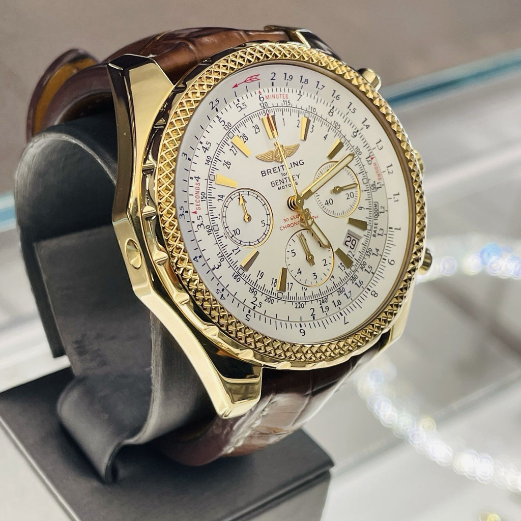 BREITLING BENTLEY MOTORS 48mm YELLOW GOLD SILVER DIAL BROWN STRAP ref: K25362