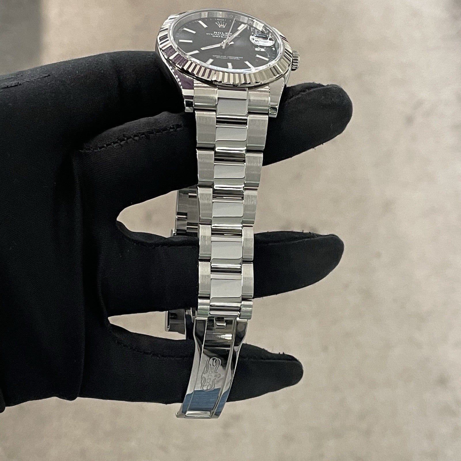 ROLEX DATEJUST 41mm BLACK DIAL OYSTERSTEEL WHITE GOLD FLUTED BEZEL ref: 126334