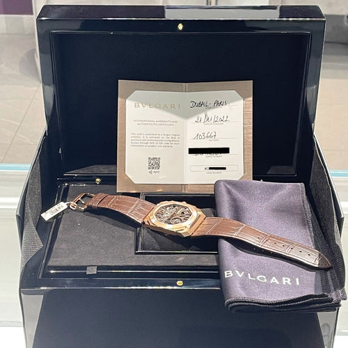 BVLGARI OCTO FINISSIMO SKELETON 8-DAYS 40mm ROSE GOLD ALLIGATOR ref: 103667