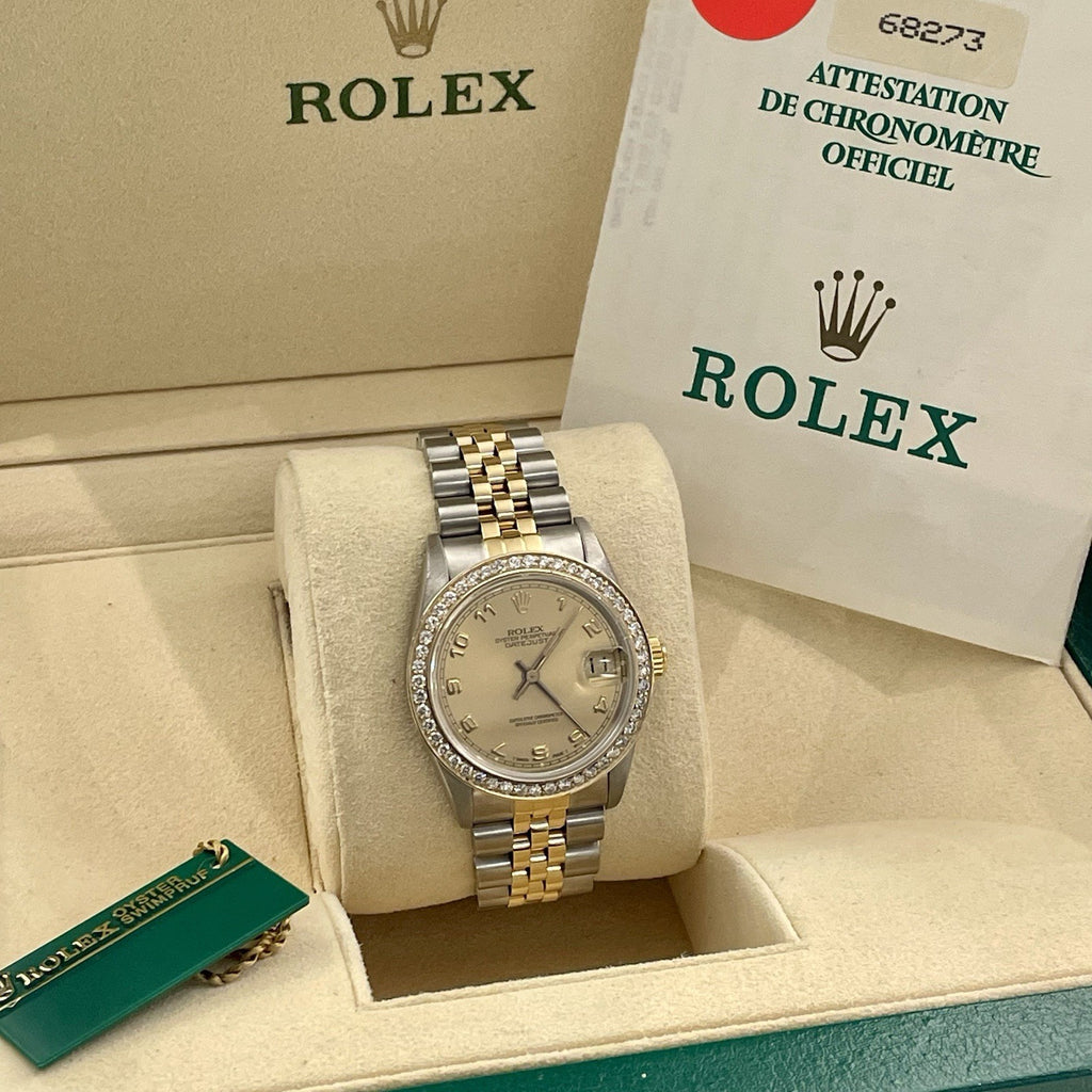 ROLEX DATEJUST 31mm GOLD ARABIC DIAL 2-TONE JUBILEE DIAMOND BEZEL ref: 68273