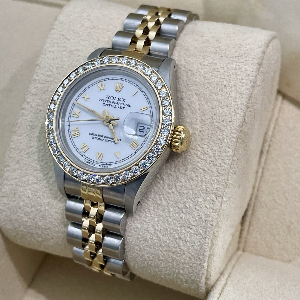 ROLEX LADY-DATEJUST 26mm WHITE ROMAN DIAL DIAMOND BEZEL JUBILEE ref: 69173