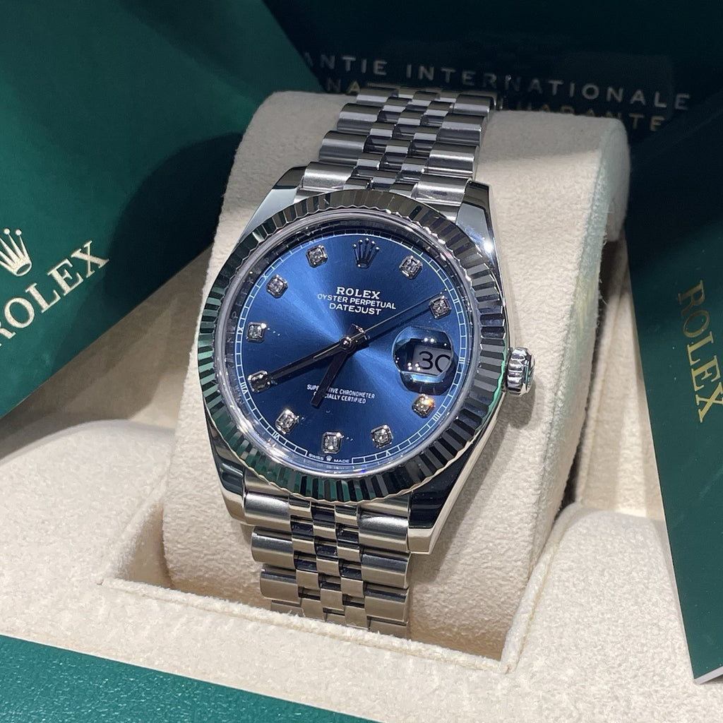 ROLEX DATEJUST 41mm BLUE DIAMOND DIAL STAINLESS JUBILEE FLUTED BEZEL ref: 126334
