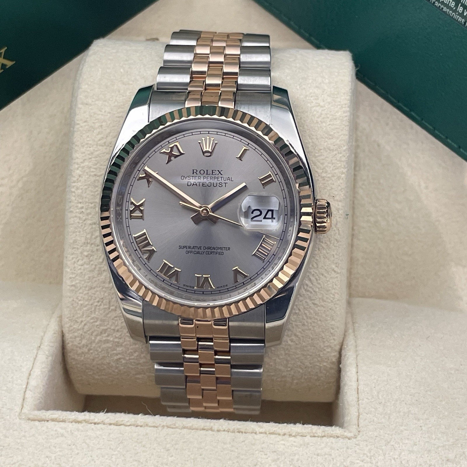 ROLEX DATEJUST 36mm GREY ROMAN ROSE GOLD STAINLESS JUBILEE FLUTED ref: 116231