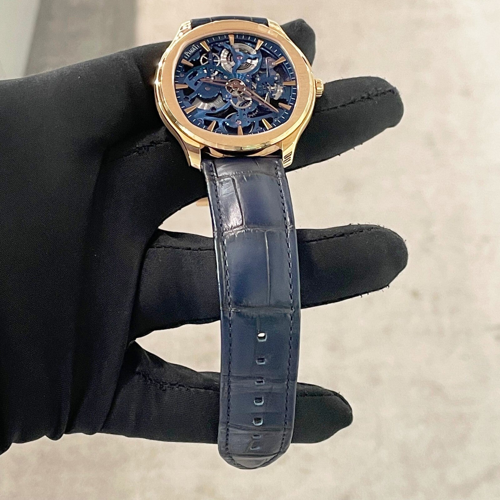 PIAGET POLO SKELETON 42mm ROSE GOLD BLUE ALLIGATOR ref: G0A46009