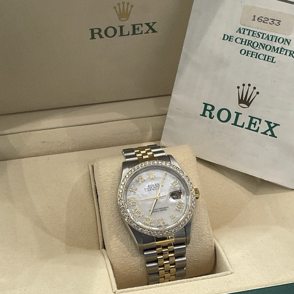 ROLEX DATEJUST 36 MOTHER OF PEARL YELLOW GOLD STAINLESS DIAMOND BEZEL ref: 16233